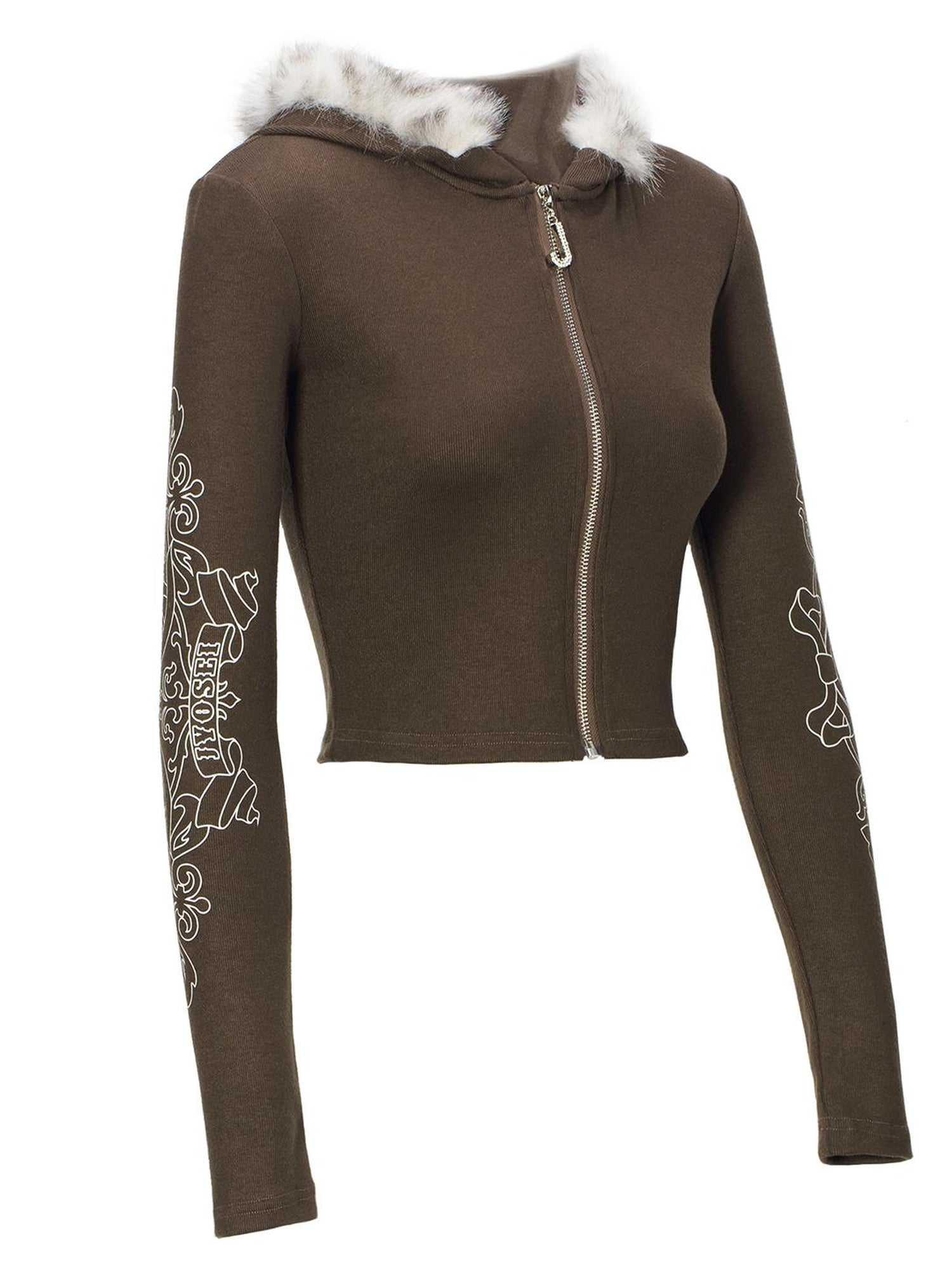 JYOSEI J Y O S E I Knit Crop Top With Print Faux Fur Hood Flared Pants Set