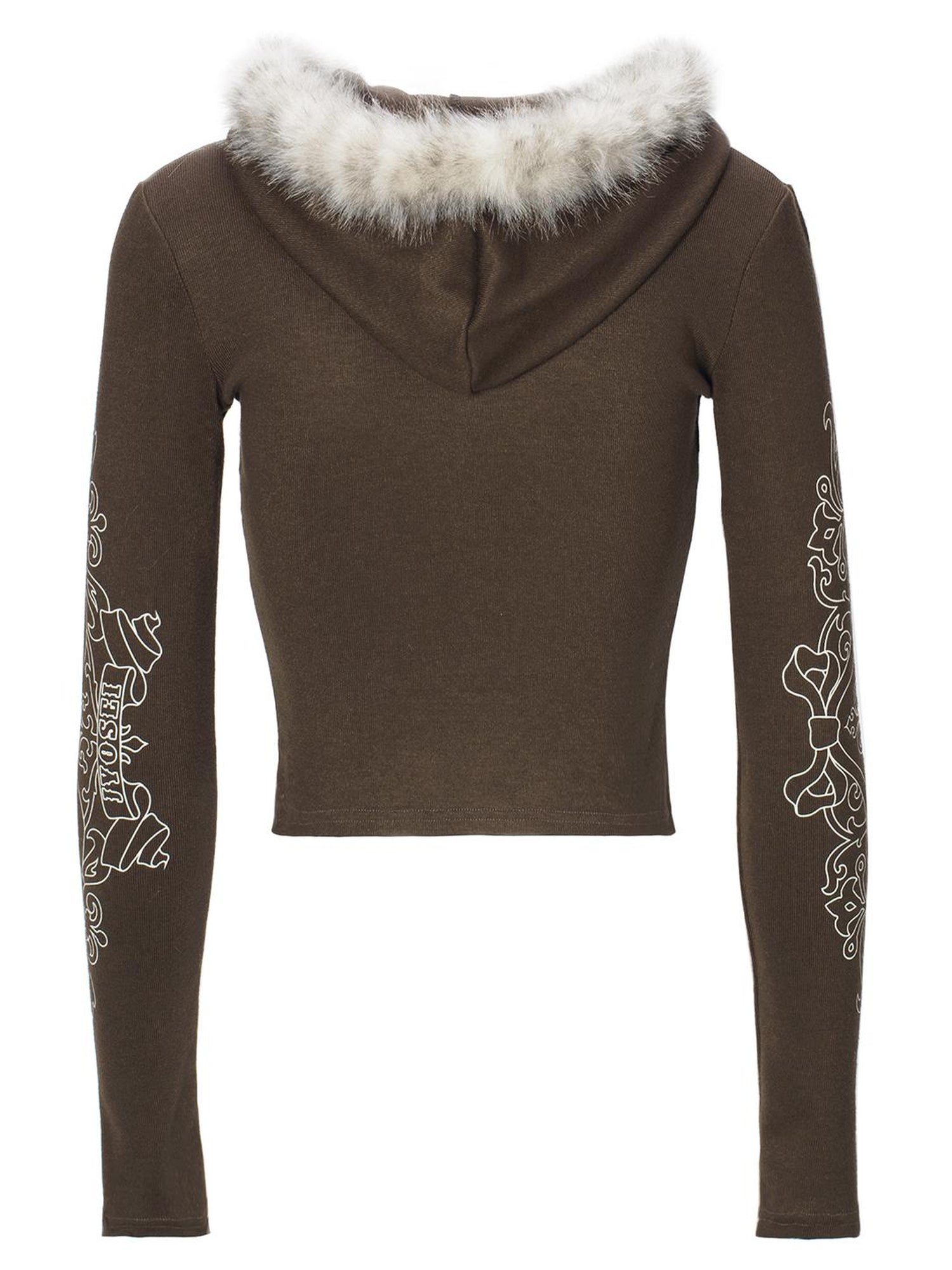 JYOSEI J Y O S E I Knit Crop Top With Print Faux Fur Hood Flared Pants Set