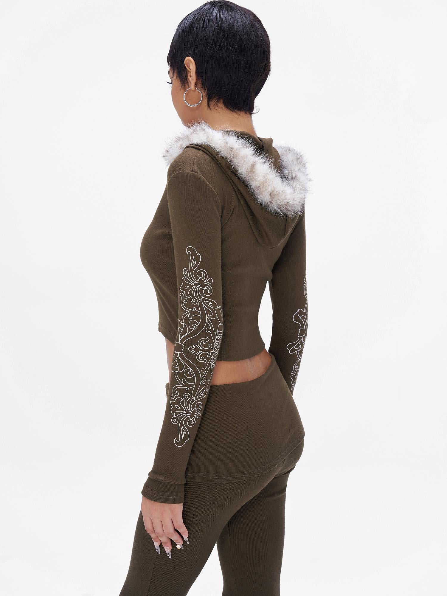 JYOSEI J Y O S E I Knit Crop Top With Print Faux Fur Hood Flared Pants Set