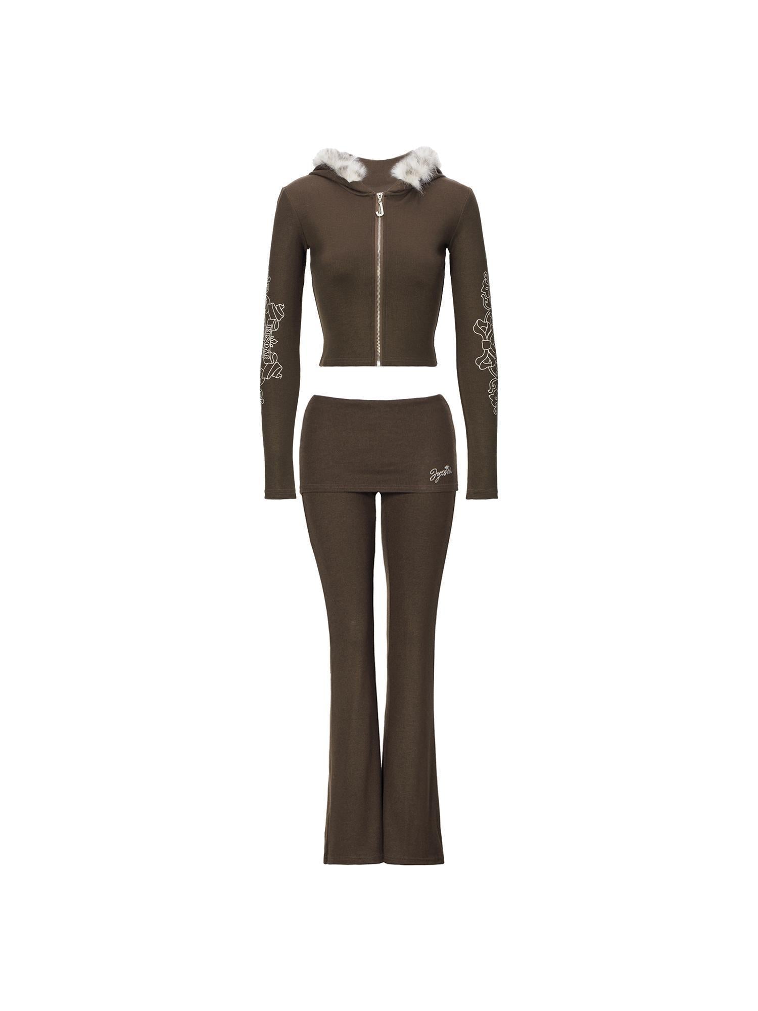 JYOSEI J Y O S E I Knit Crop Top With Print Faux Fur Hood Flared Pants Set