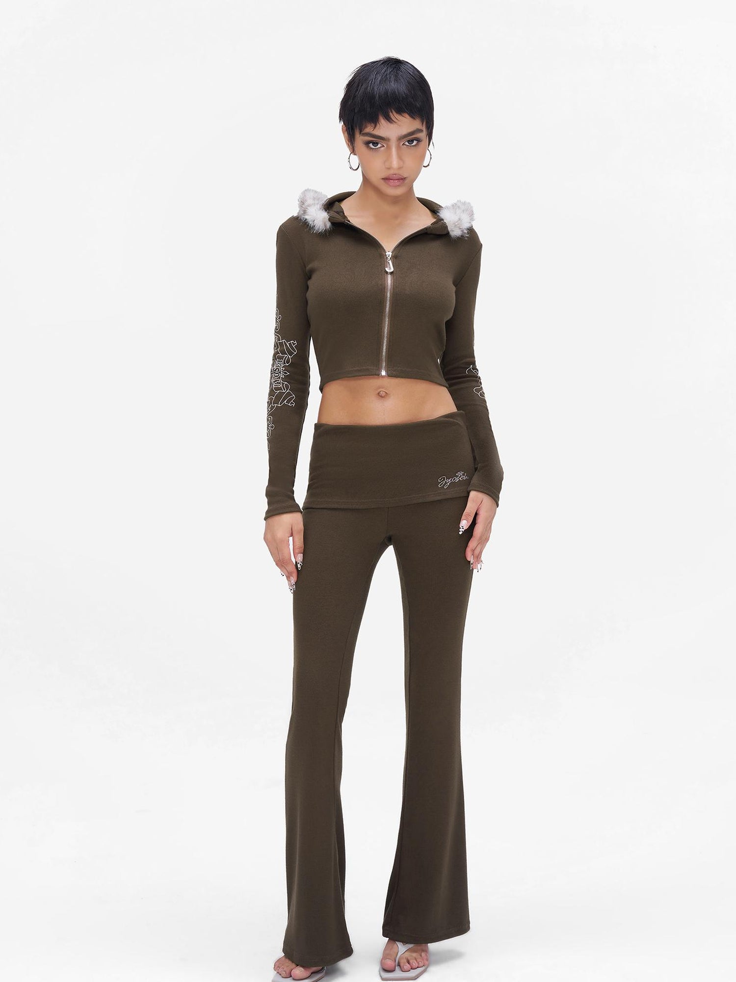 JYOSEI J Y O S E I Knit Crop Top With Print Faux Fur Hood Flared Pants Set