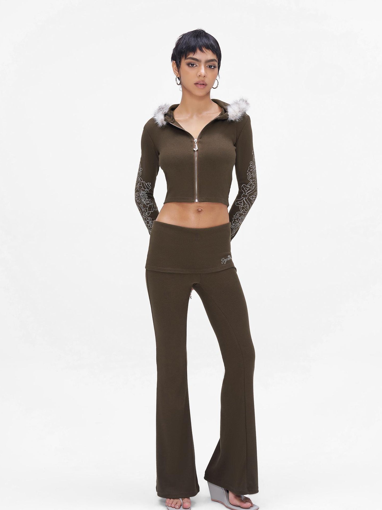 JYOSEI J Y O S E I Knit Crop Top With Print Faux Fur Hood Flared Pants Set
