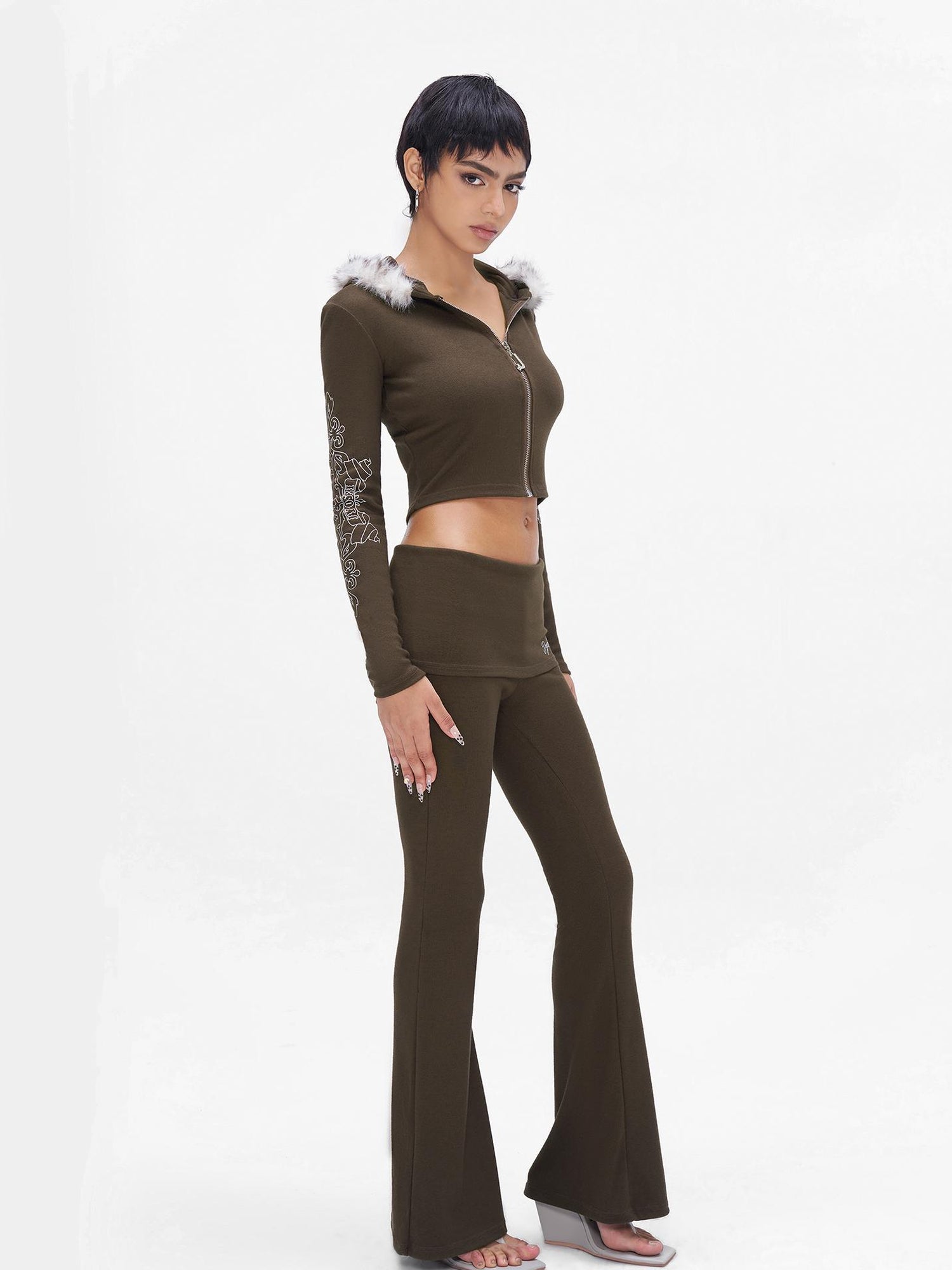 JYOSEI J Y O S E I Knit Crop Top With Print Faux Fur Hood Flared Pants Set