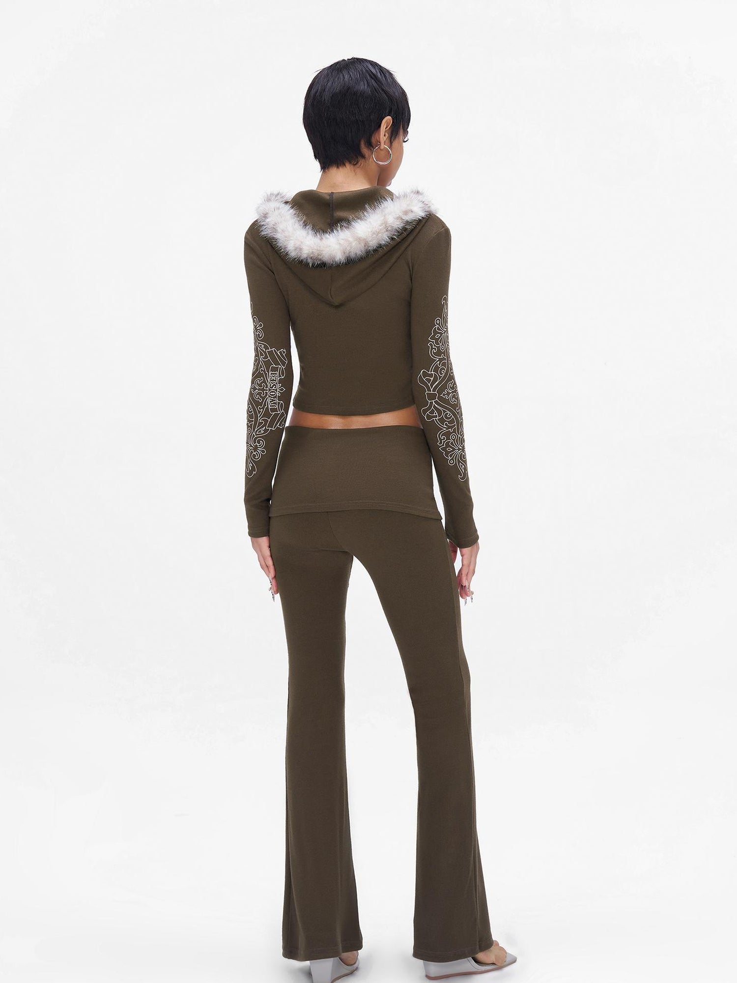 JYOSEI J Y O S E I Knit Crop Top With Print Faux Fur Hood Flared Pants Set