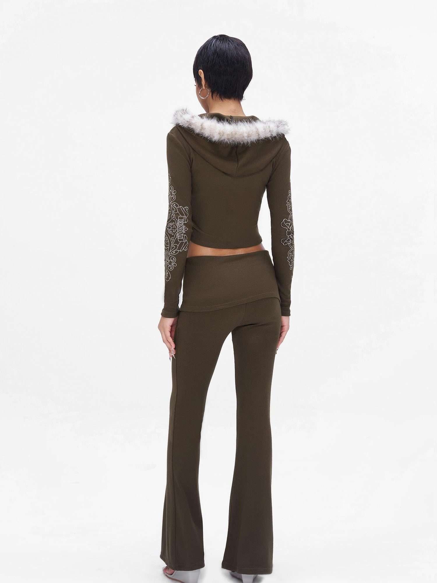 JYOSEI J Y O S E I Knit Crop Top With Print Faux Fur Hood Flared Pants Set