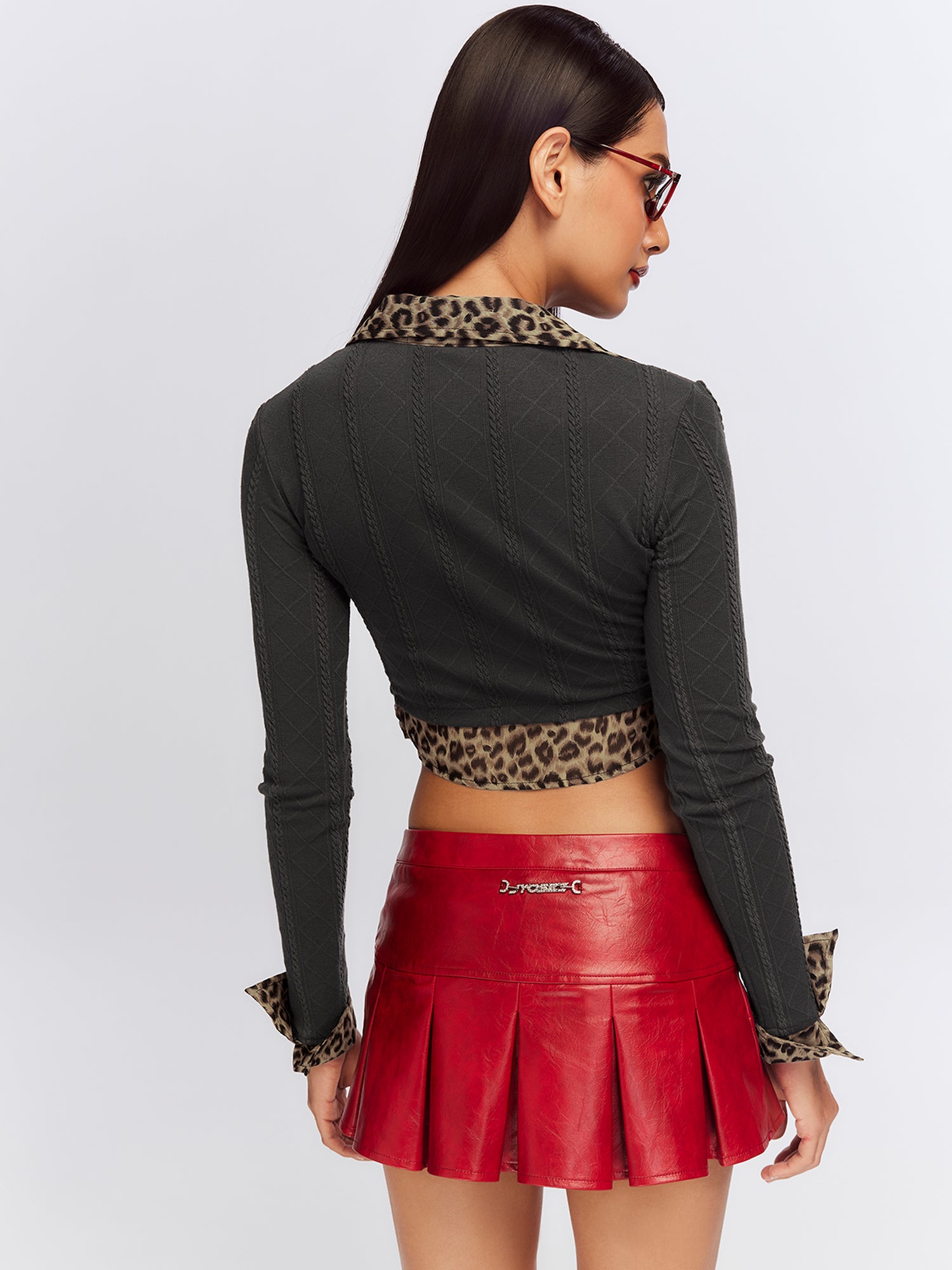 JYOSEI Jacquard Leopard Trim Knit Top V Neck T Shirt Long Sleeve