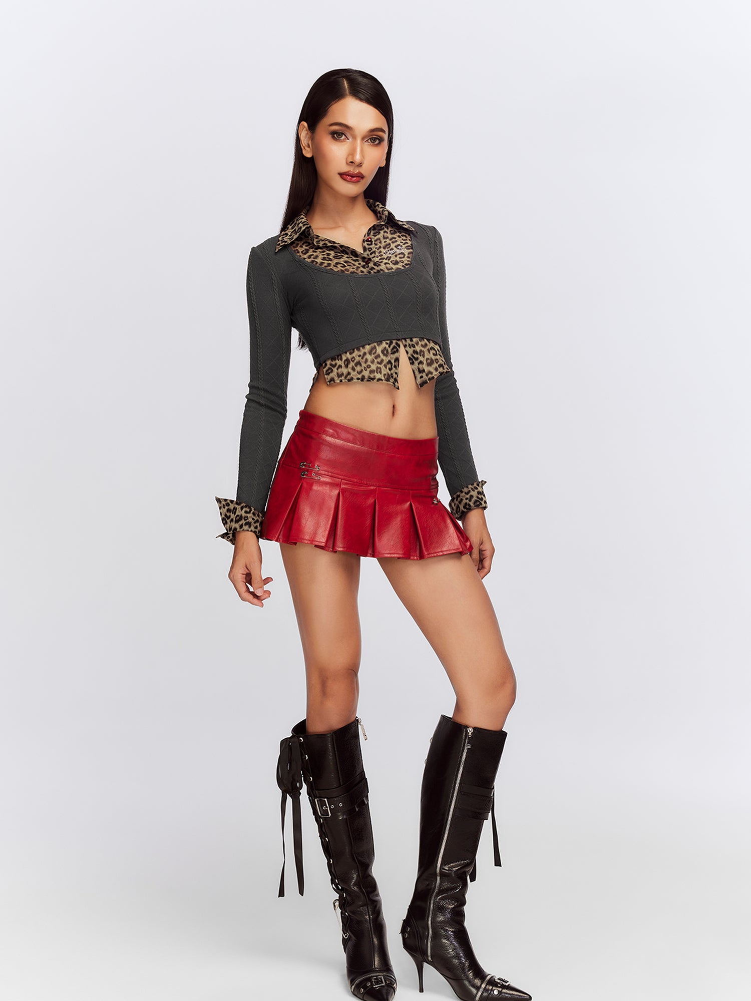 JYOSEI Jacquard Leopard Trim Knit Top V Neck T Shirt Long Sleeve