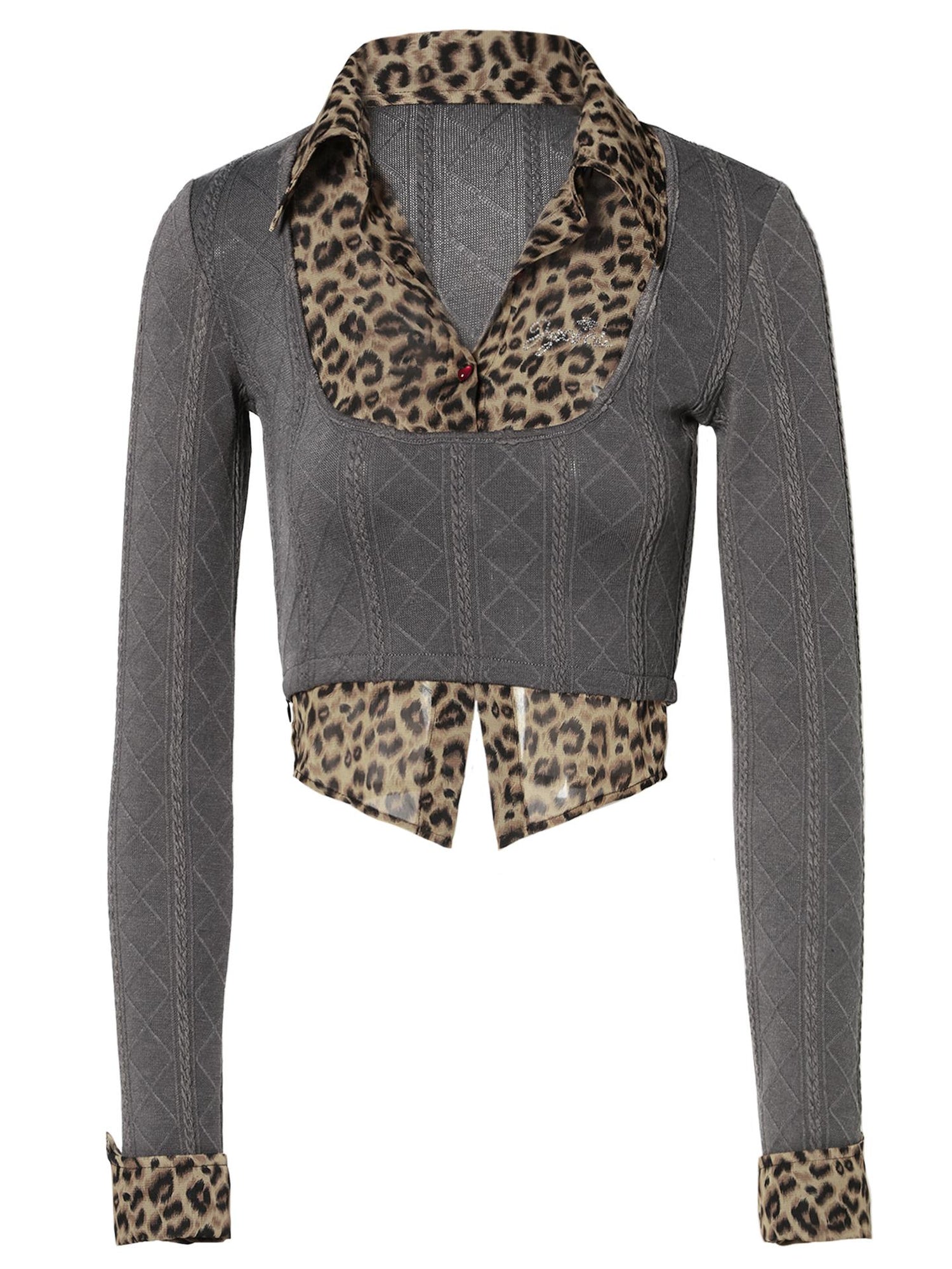 JYOSEI Jacquard Leopard Trim Knit Top V Neck T Shirt Long Sleeve