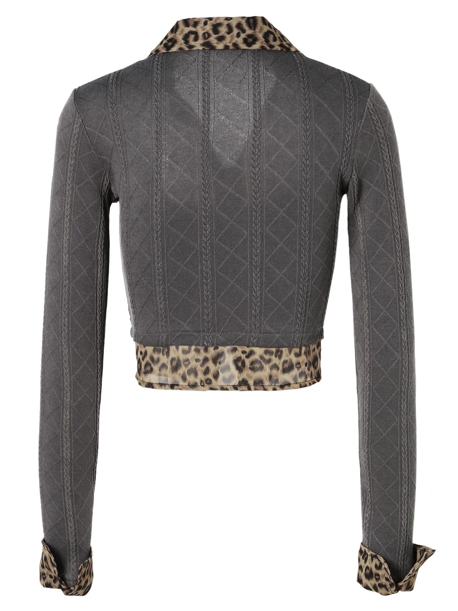 JYOSEI Jacquard Leopard Trim Knit Top V Neck T Shirt Long Sleeve