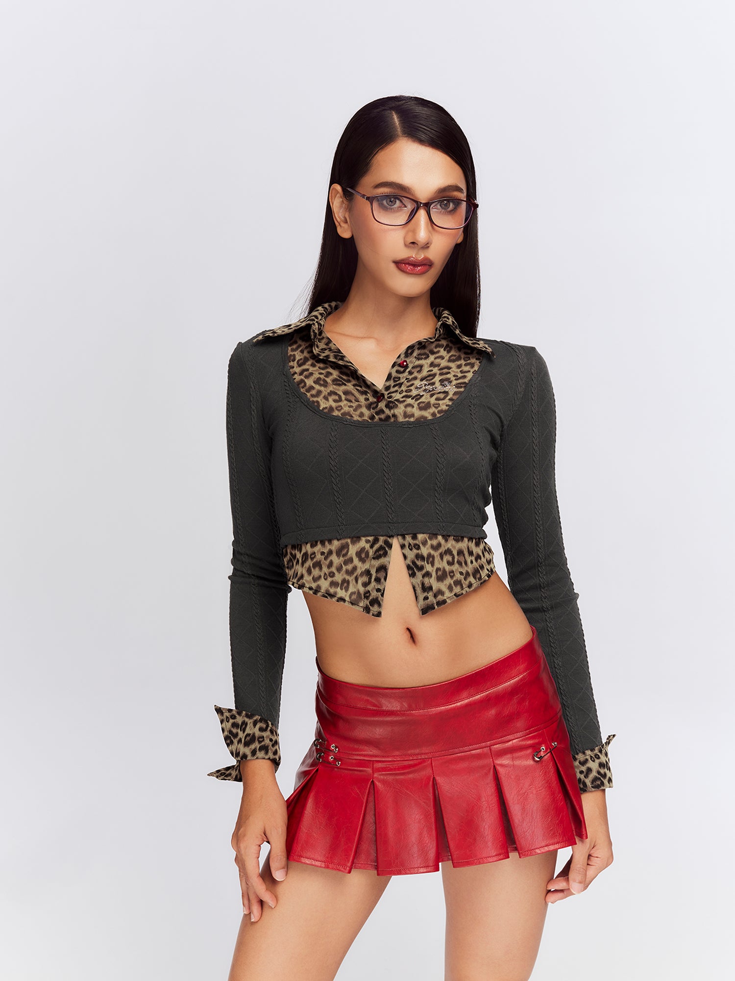 JYOSEI Jacquard Leopard Trim Knit Top V Neck T Shirt Long Sleeve