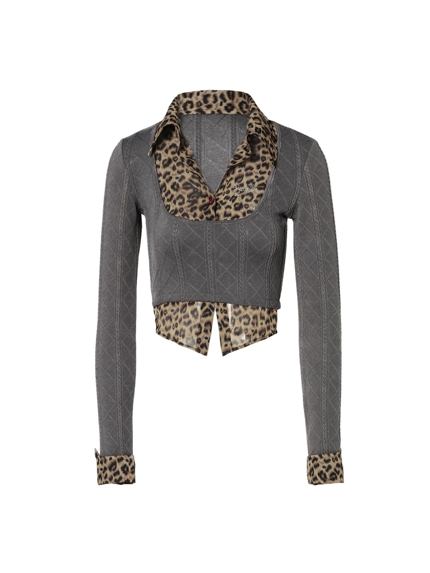 JYOSEI Jacquard Leopard Trim Knit Top V Neck T Shirt Long Sleeve