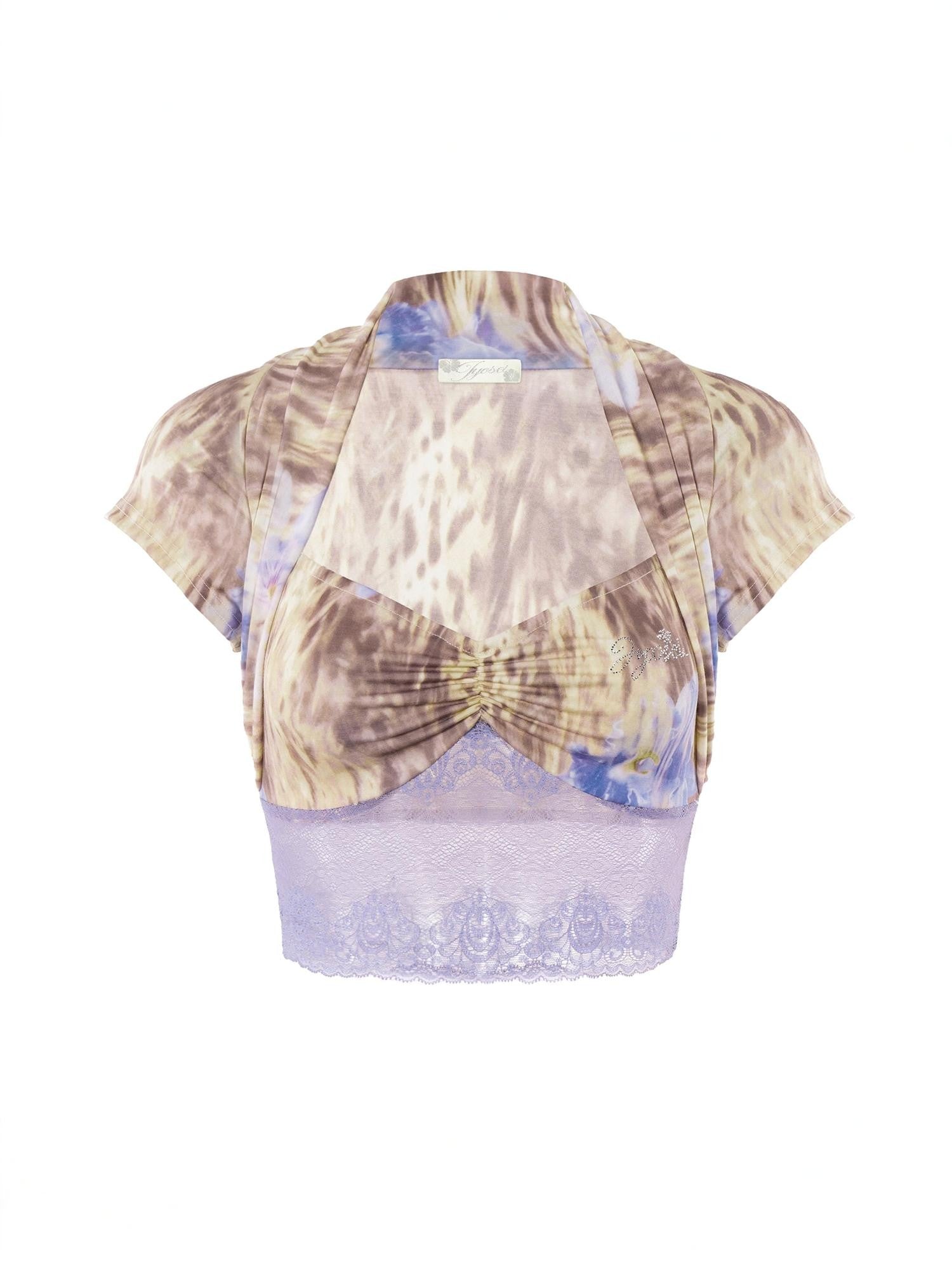 JYOSEI Lace Leopard Print Raglan Sleeve Women&