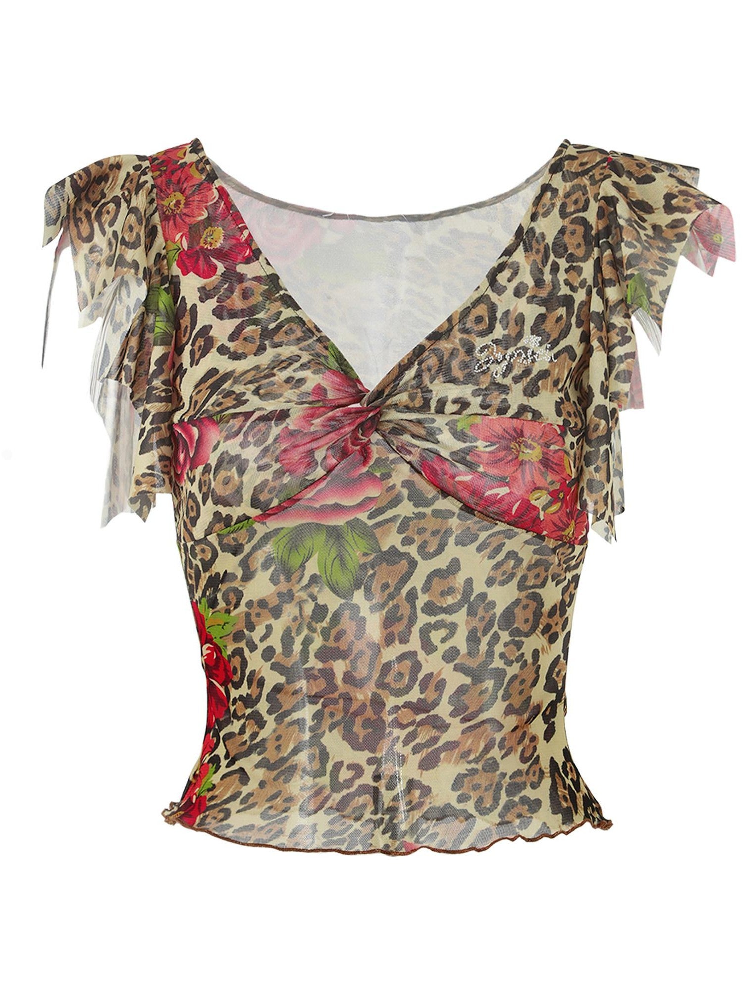 JYOSEI Leopard Floral Print V-neck Slim Cropped Women&