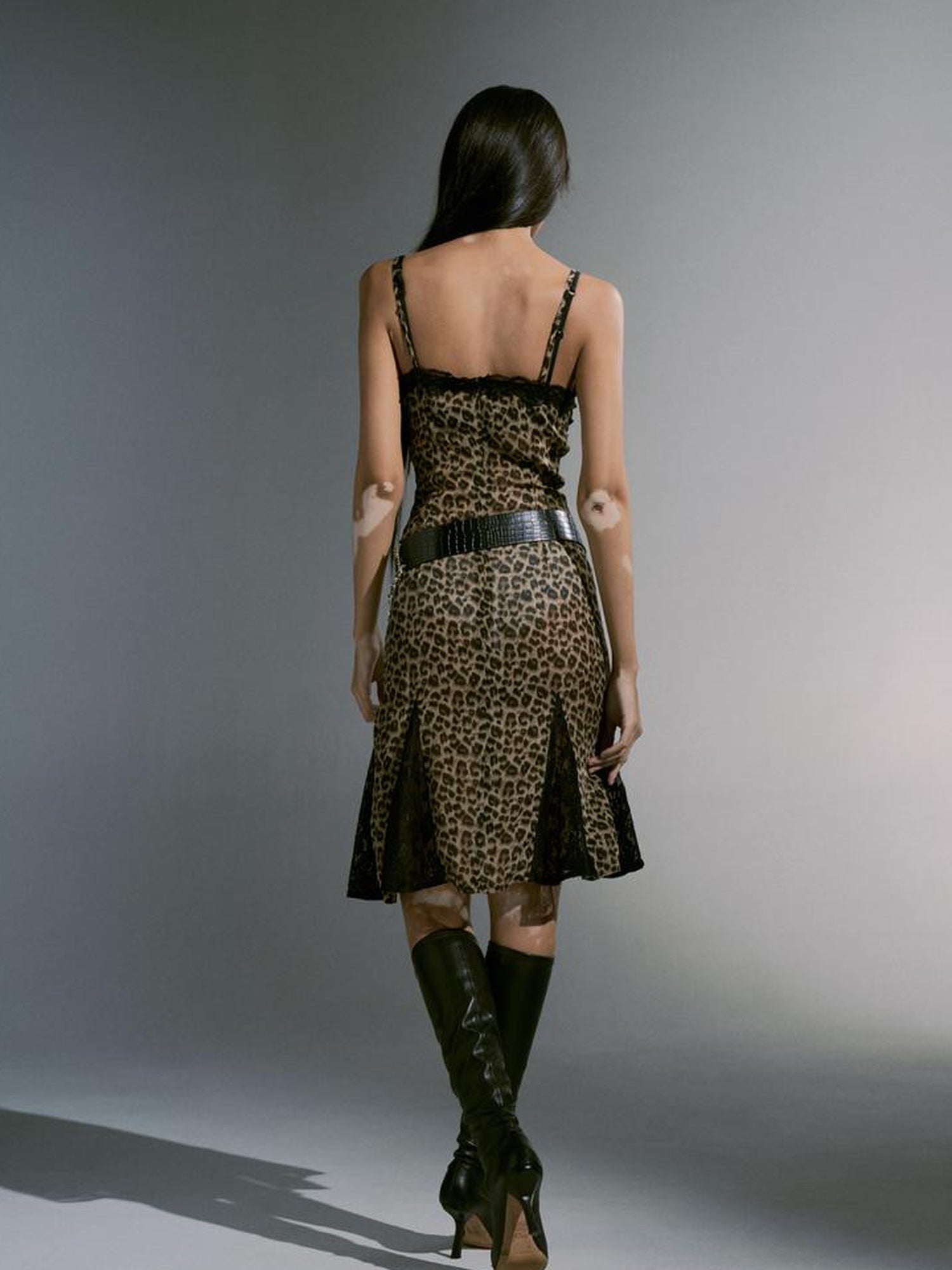 JYOSEI Leopard Print Chiffon Slip Dress With Lace Trim