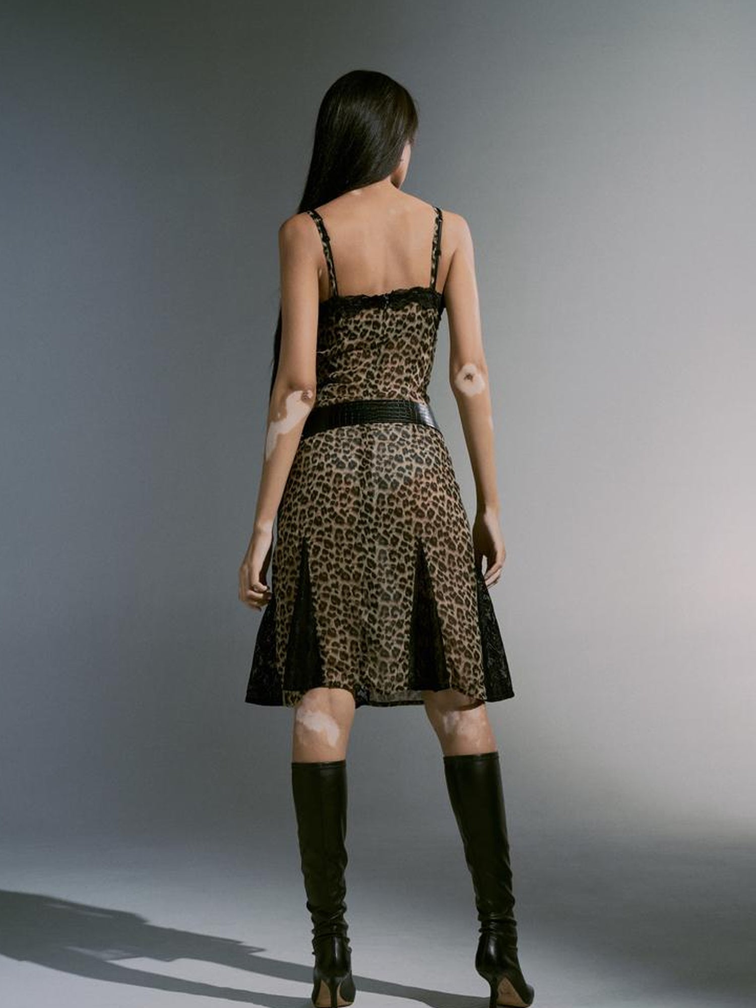 JYOSEI Leopard Print Chiffon Slip Dress With Lace Trim