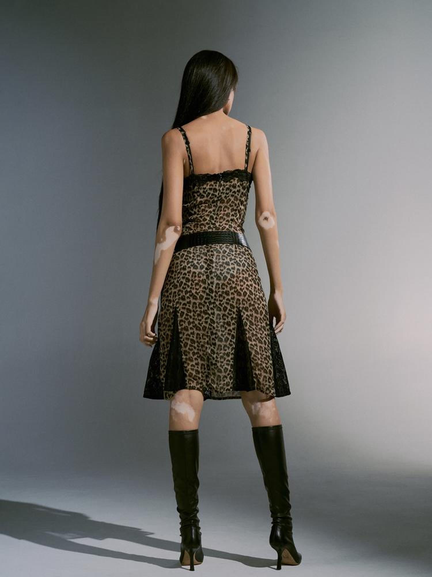 JYOSEI Leopard Print Chiffon Slip Dress With Lace Trim