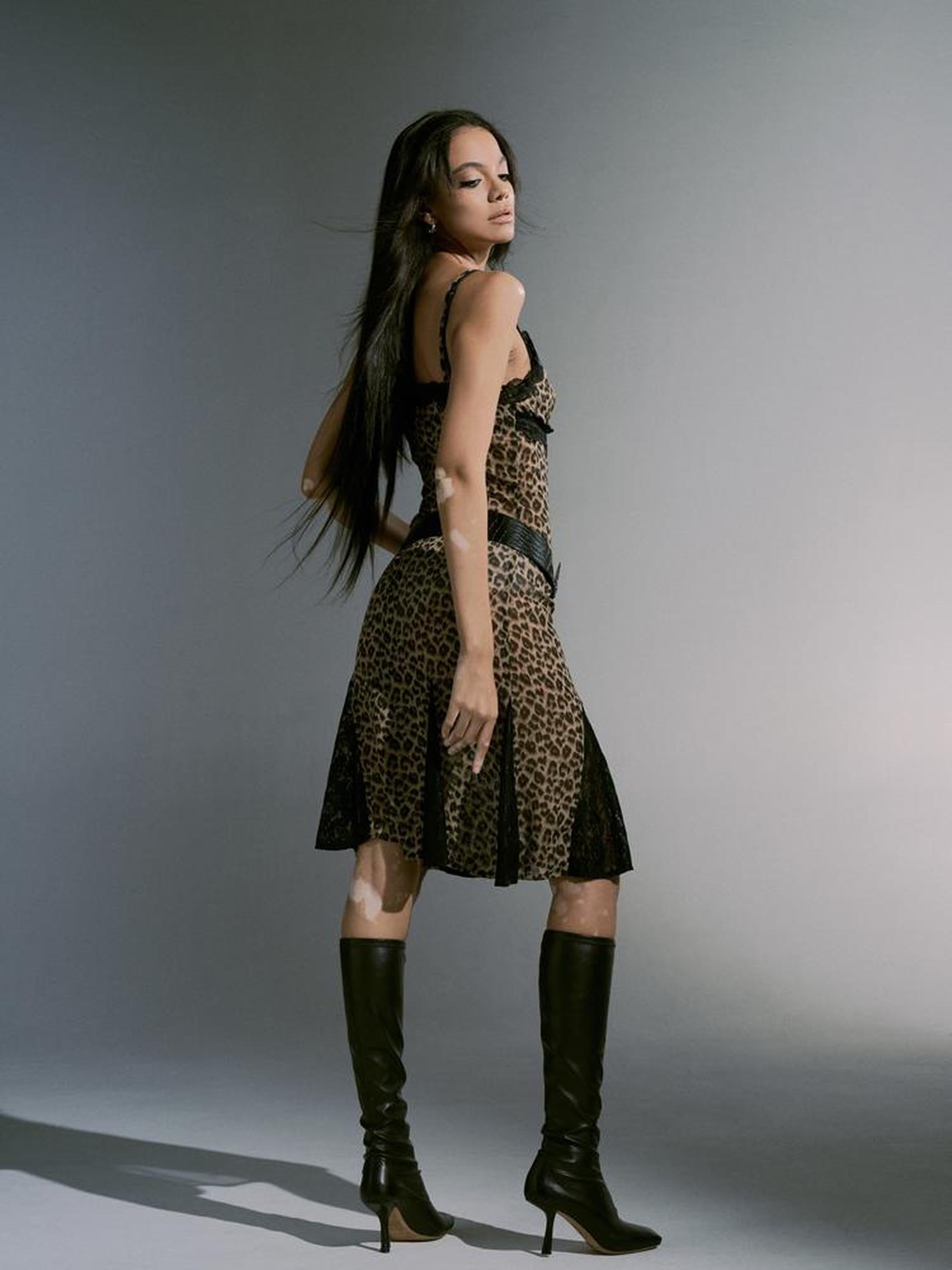 JYOSEI Leopard Print Chiffon Slip Dress With Lace Trim