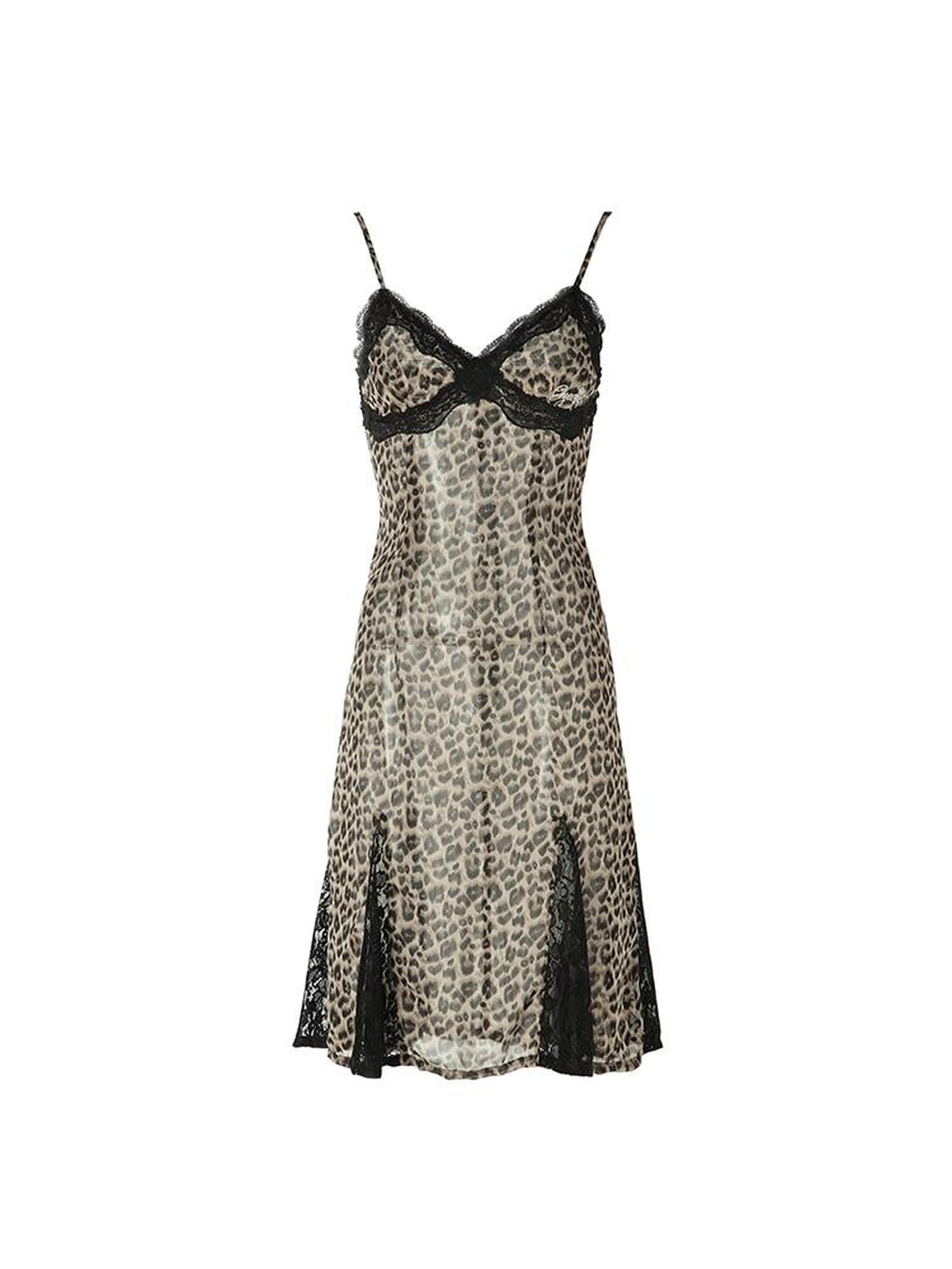 JYOSEI Leopard Print Chiffon Slip Dress With Lace Trim