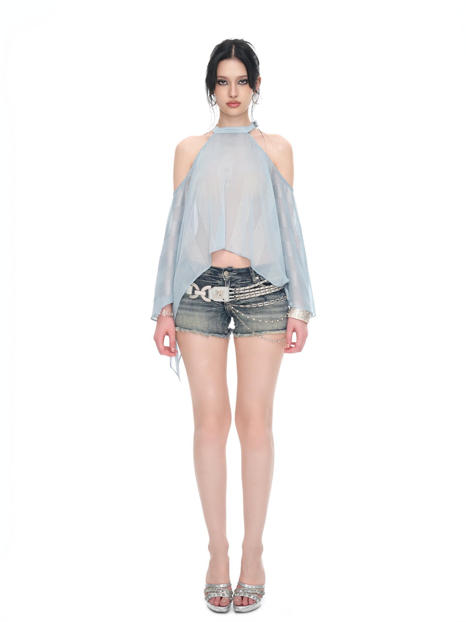 JYOSEI Light Blue Shimmer Asymmetric Off Shoulder Chain Women&