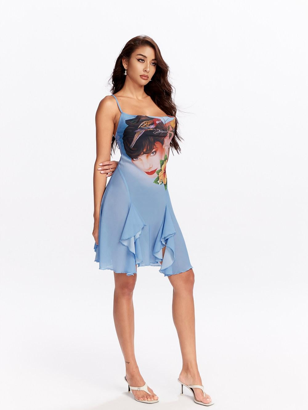 JYOSEI Light Polyester Ruffle Spaghetti Strap Draped Neckline Casual Blue Mini Dresses