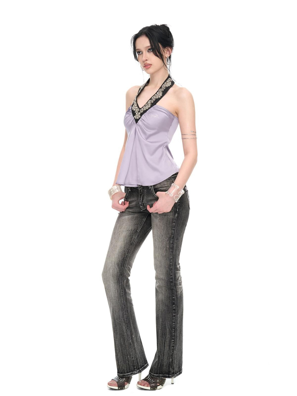 JYOSEI Light Purple Satin Sequin Backless Halter Loose Women&