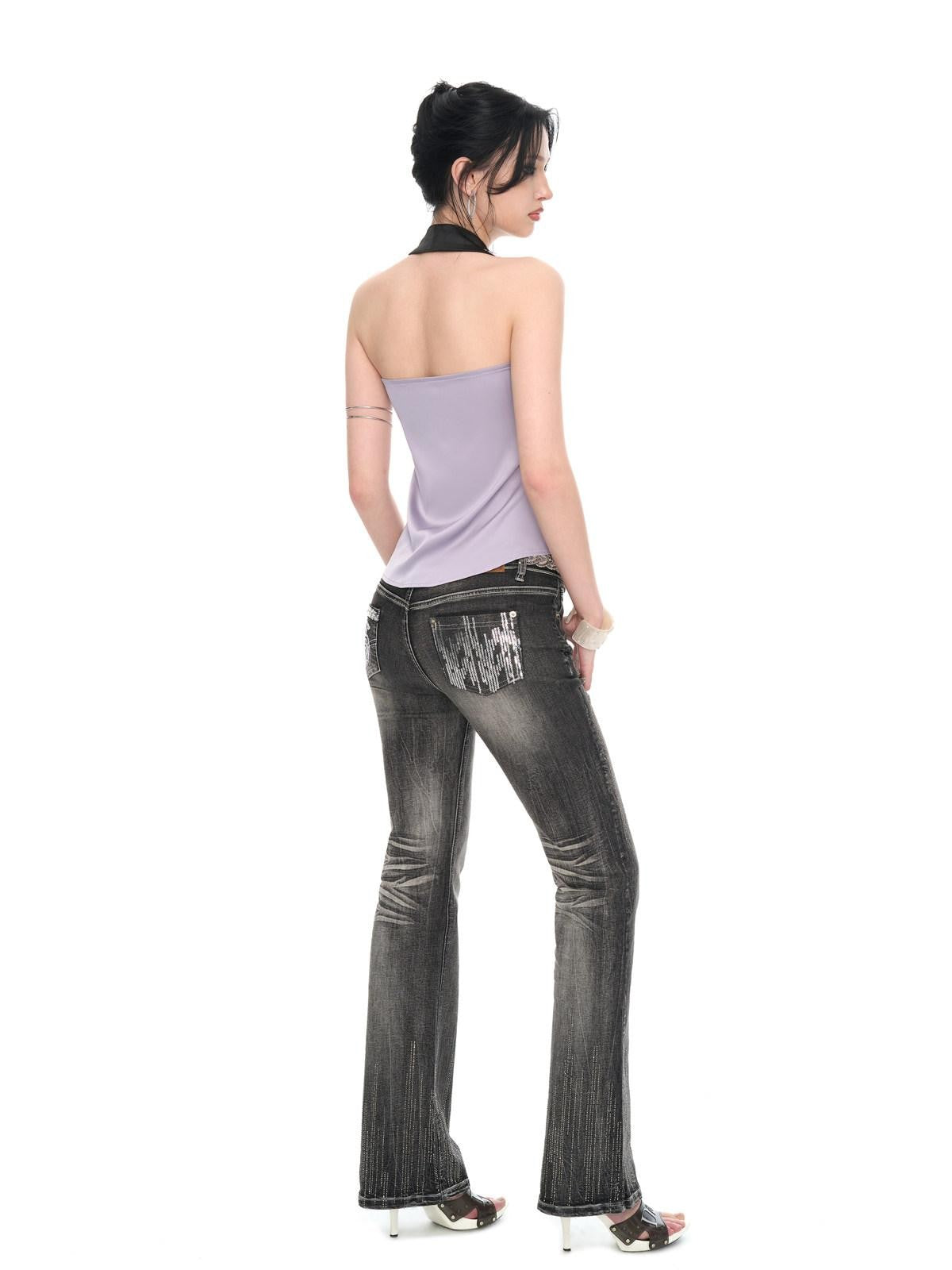 JYOSEI Light Purple Satin Sequin Backless Halter Loose Women&