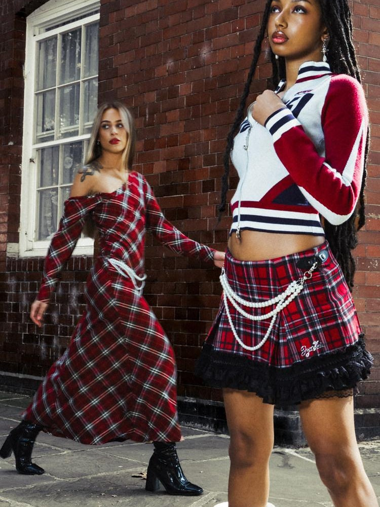 JYOSEI Low Rise Plaid A Line Streetwear Young Women Polyester Mini Skirt