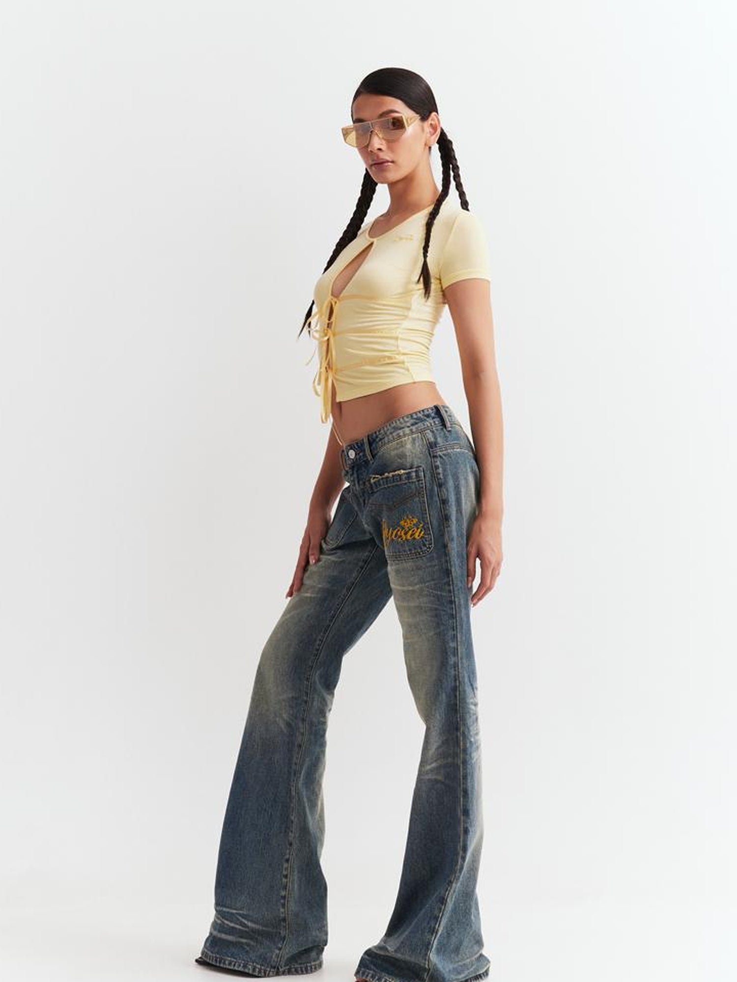 JYOSEI Low Waist Flared Jeans Vintage Washed Wide Leg Trousers