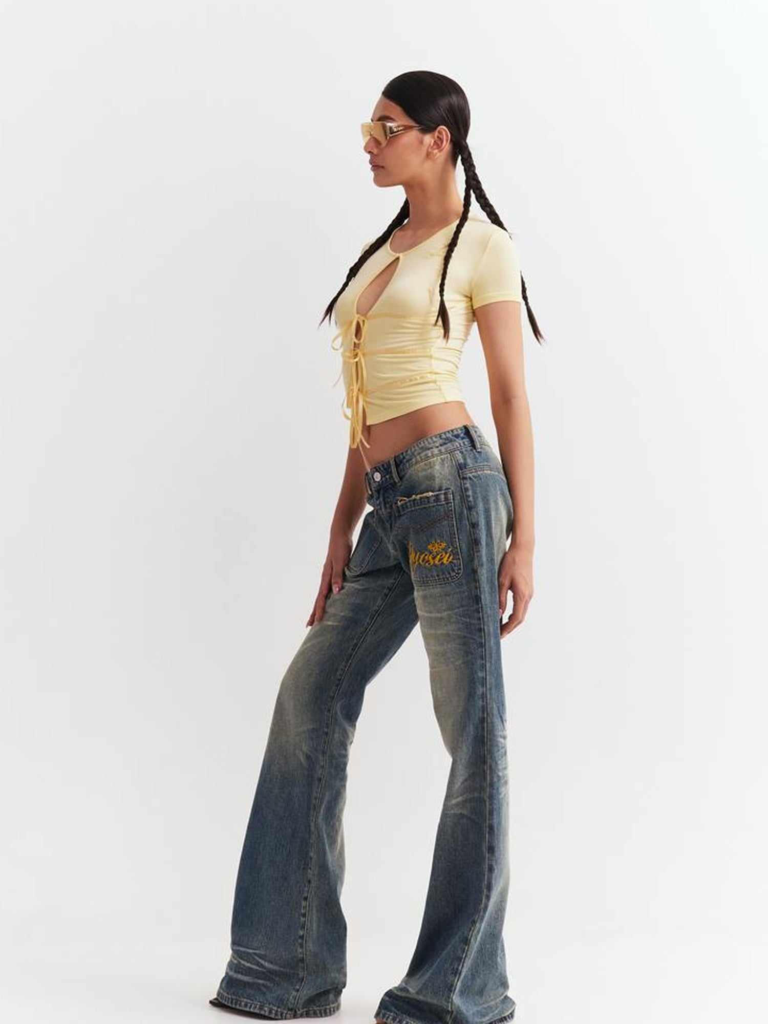 JYOSEI Low Waist Flared Jeans Vintage Washed Wide Leg Trousers