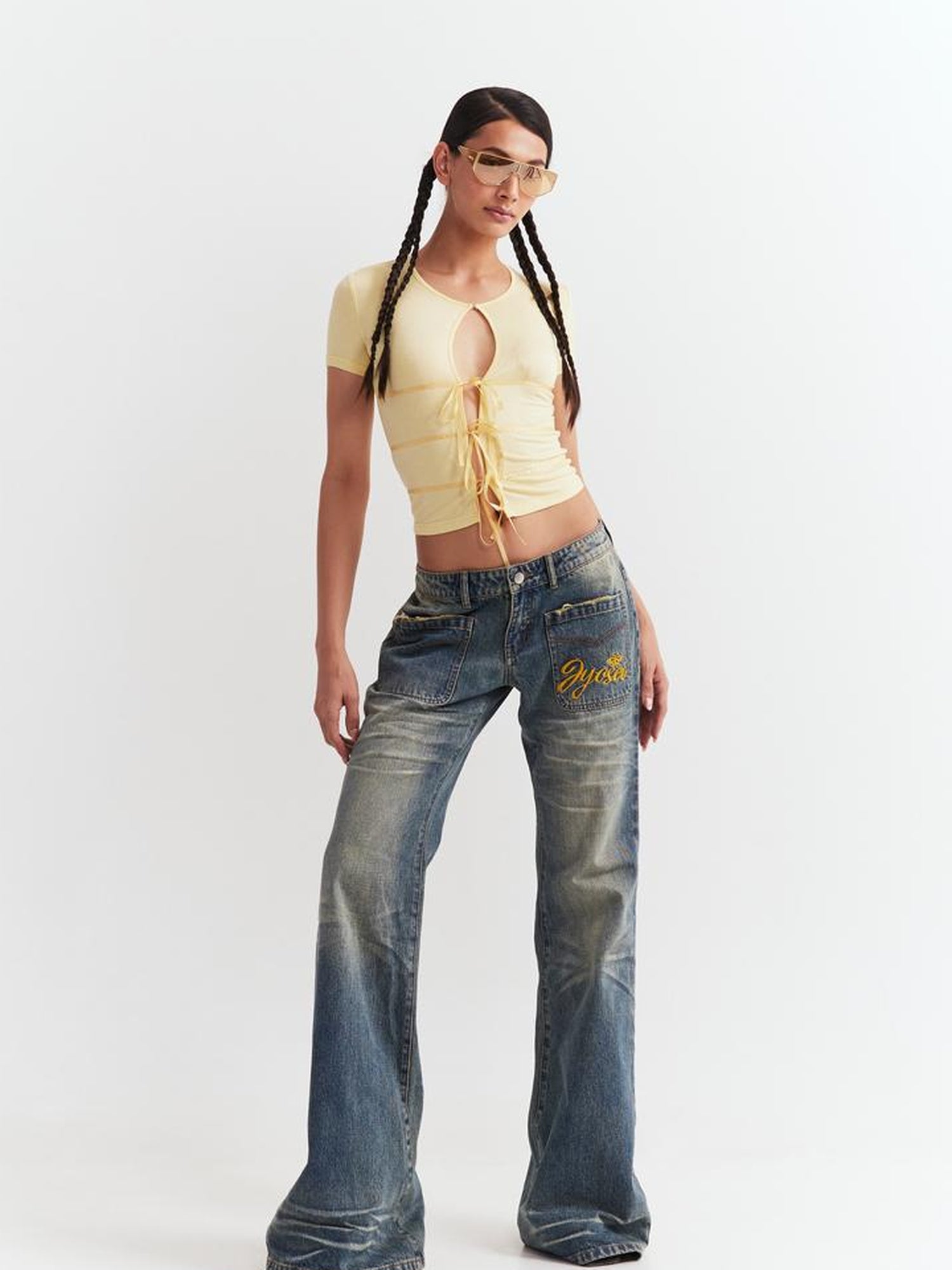 JYOSEI Low Waist Flared Jeans Vintage Washed Wide Leg Trousers