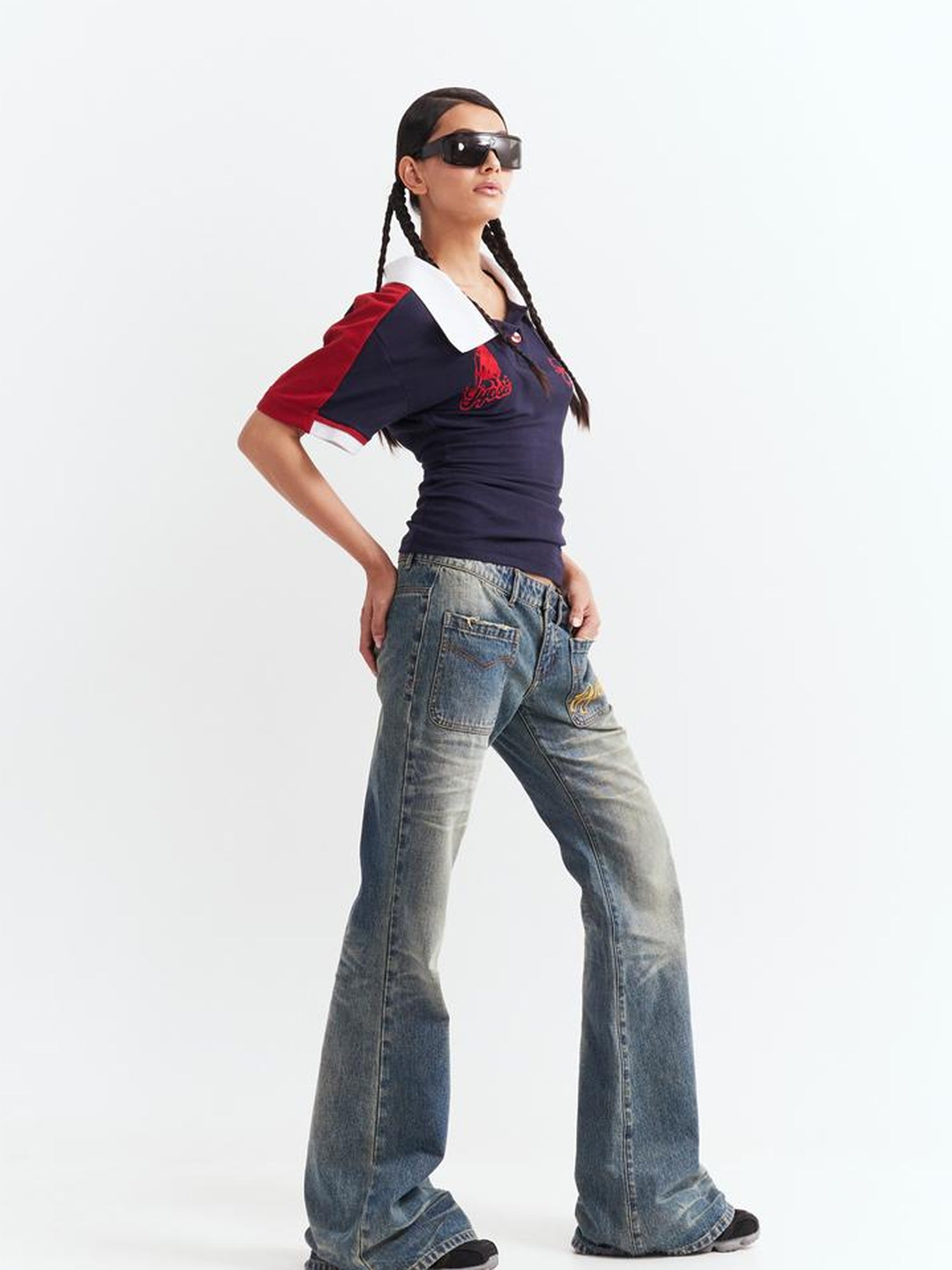 JYOSEI Low Waist Flared Jeans Vintage Washed Wide Leg Trousers