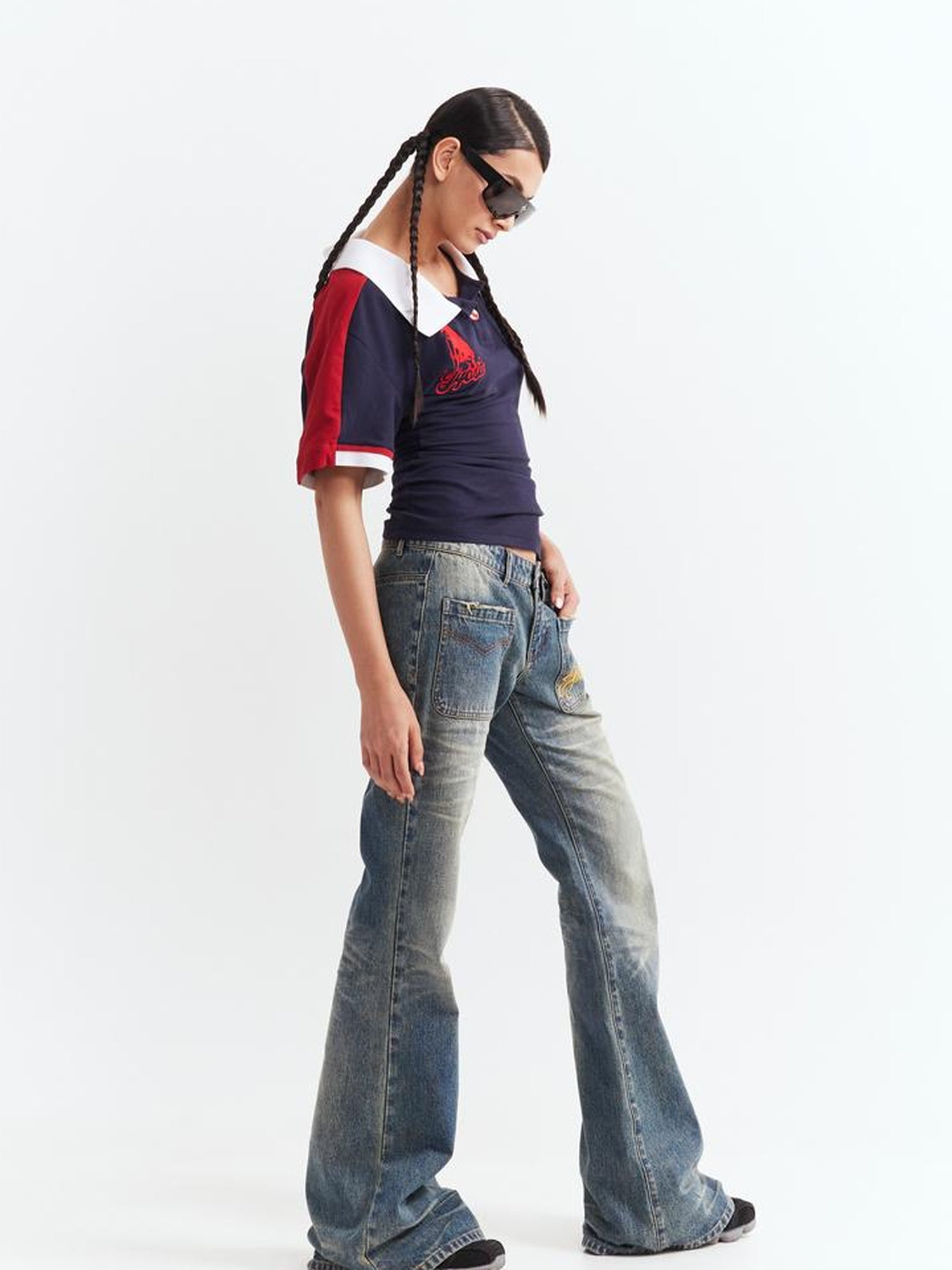 JYOSEI Low Waist Flared Jeans Vintage Washed Wide Leg Trousers