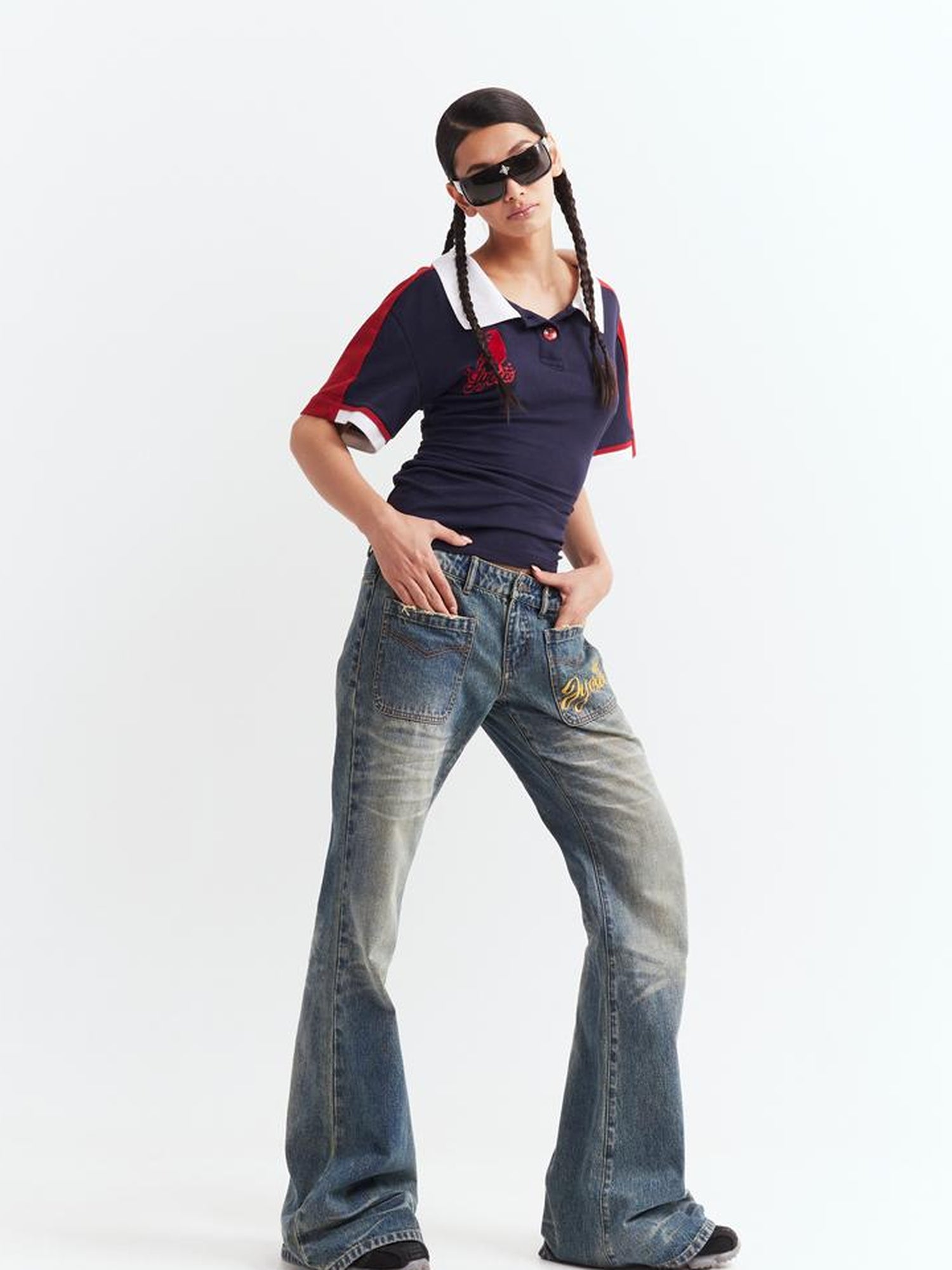 JYOSEI Low Waist Flared Jeans Vintage Washed Wide Leg Trousers