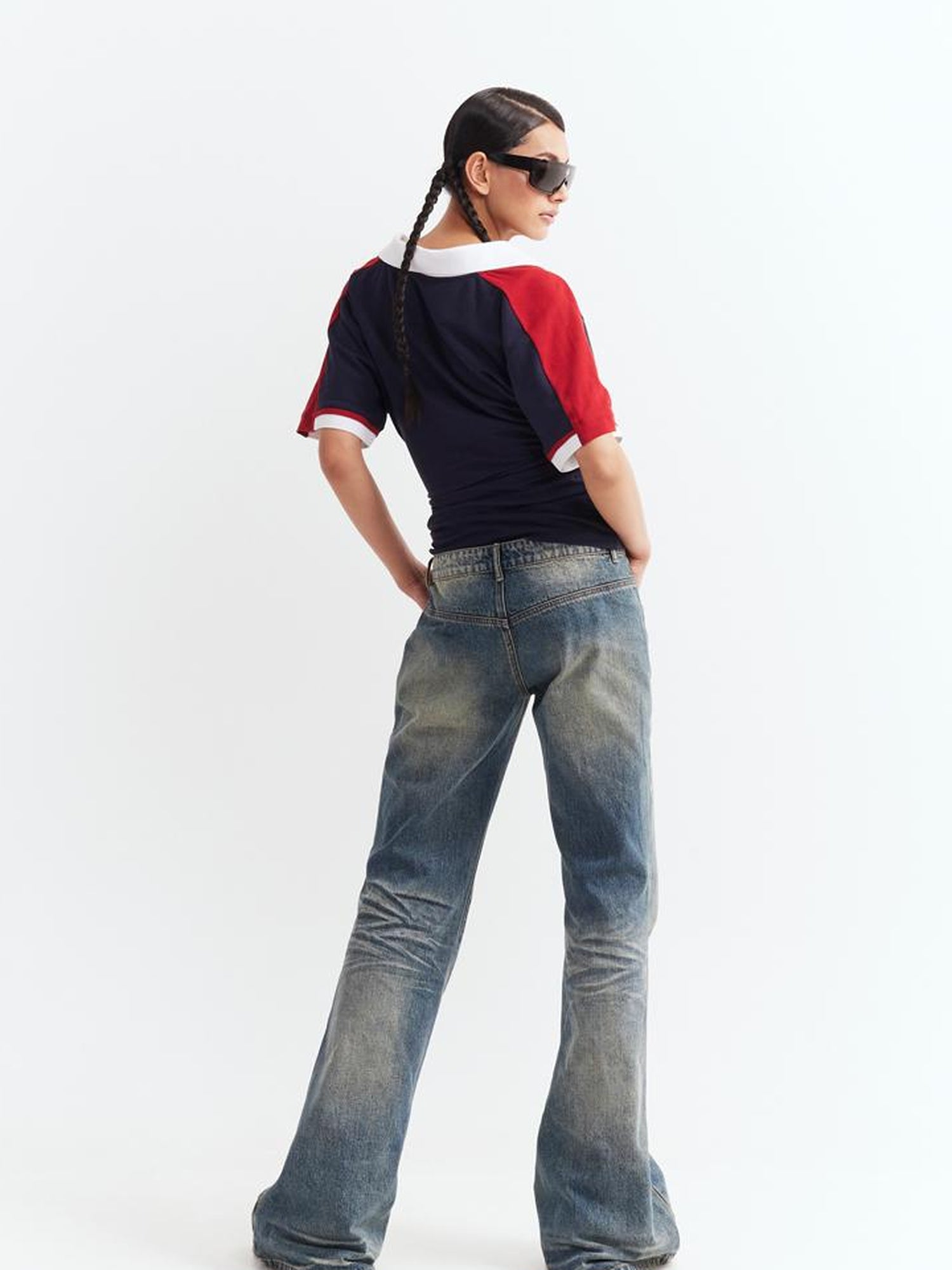 JYOSEI Low Waist Flared Jeans Vintage Washed Wide Leg Trousers