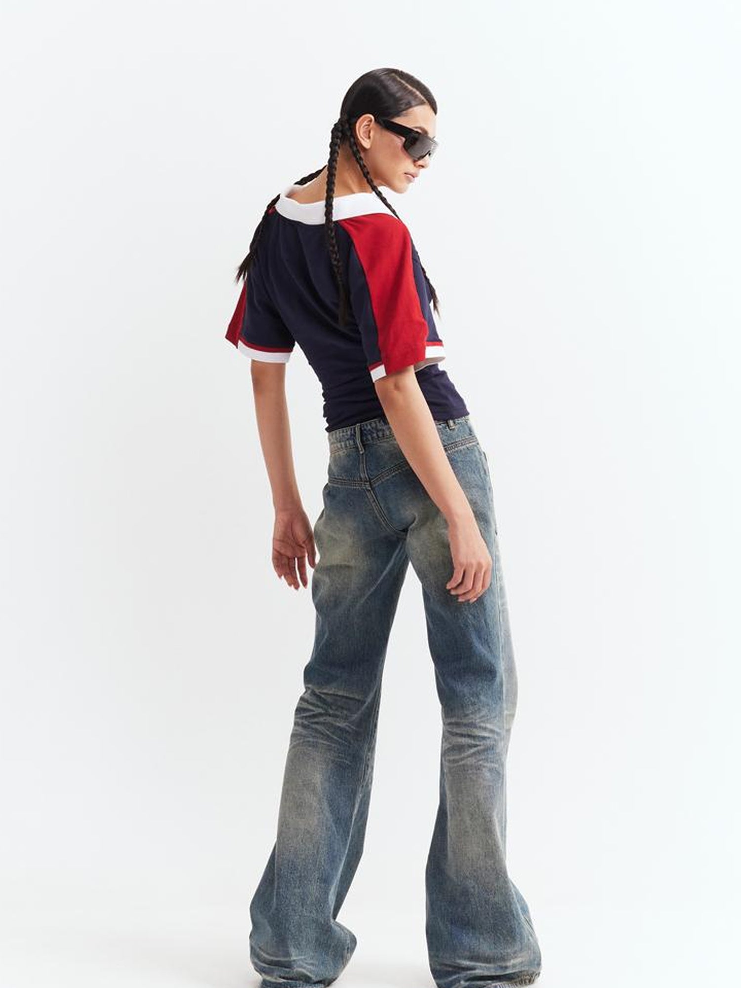 JYOSEI Low Waist Flared Jeans Vintage Washed Wide Leg Trousers