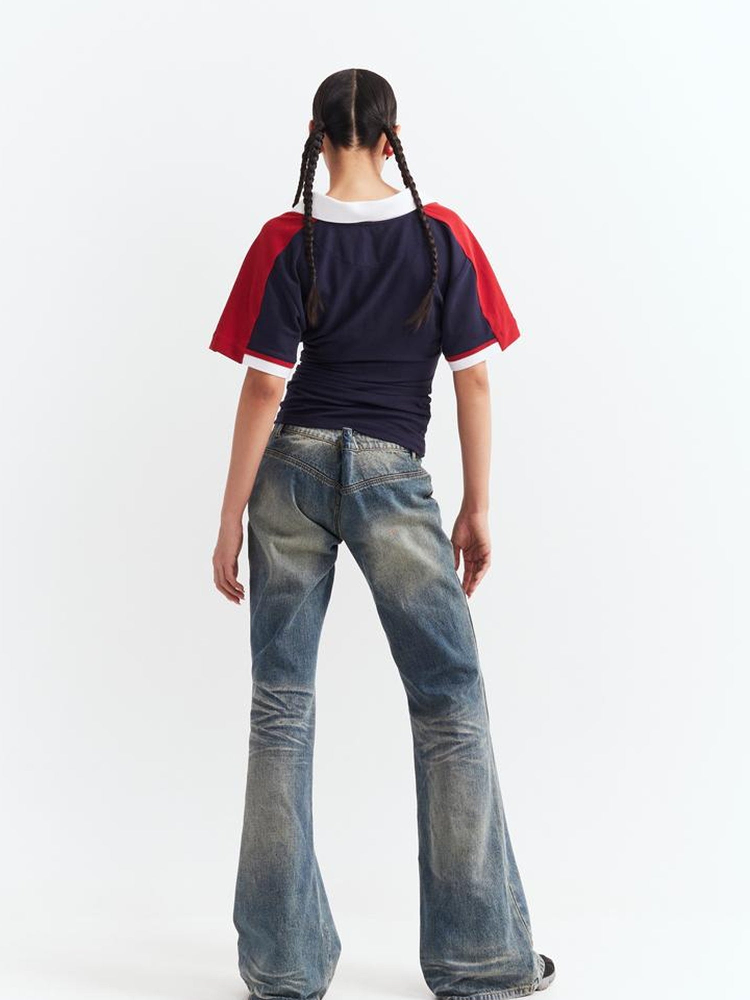 JYOSEI Low Waist Flared Jeans Vintage Washed Wide Leg Trousers