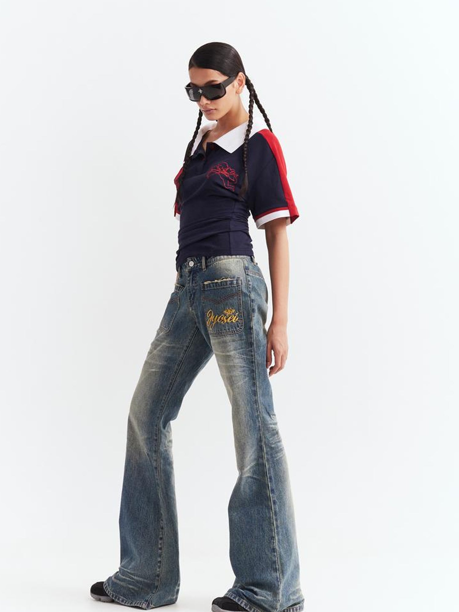 JYOSEI Low Waist Flared Jeans Vintage Washed Wide Leg Trousers