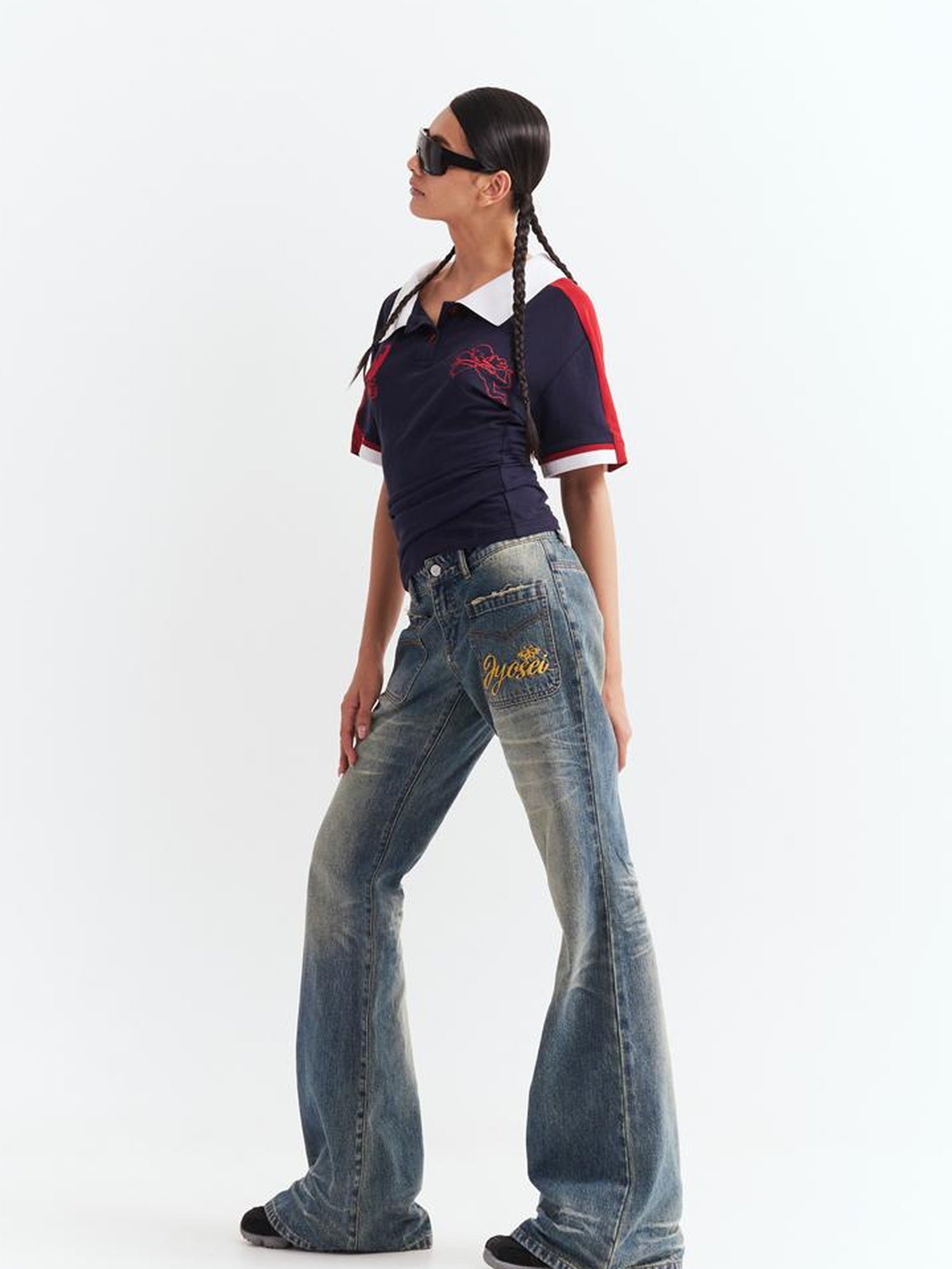 JYOSEI Low Waist Flared Jeans Vintage Washed Wide Leg Trousers