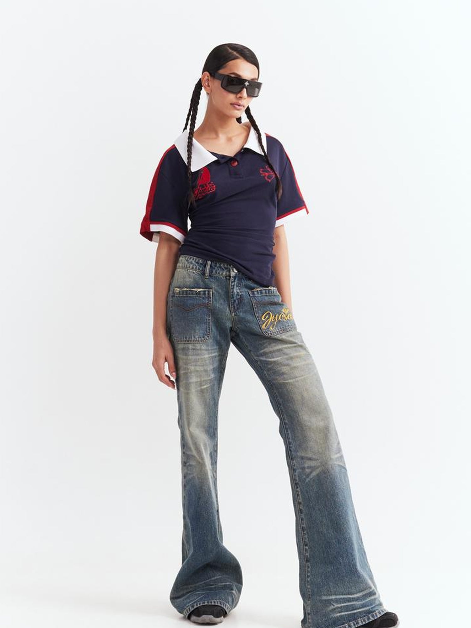 JYOSEI Low Waist Flared Jeans Vintage Washed Wide Leg Trousers