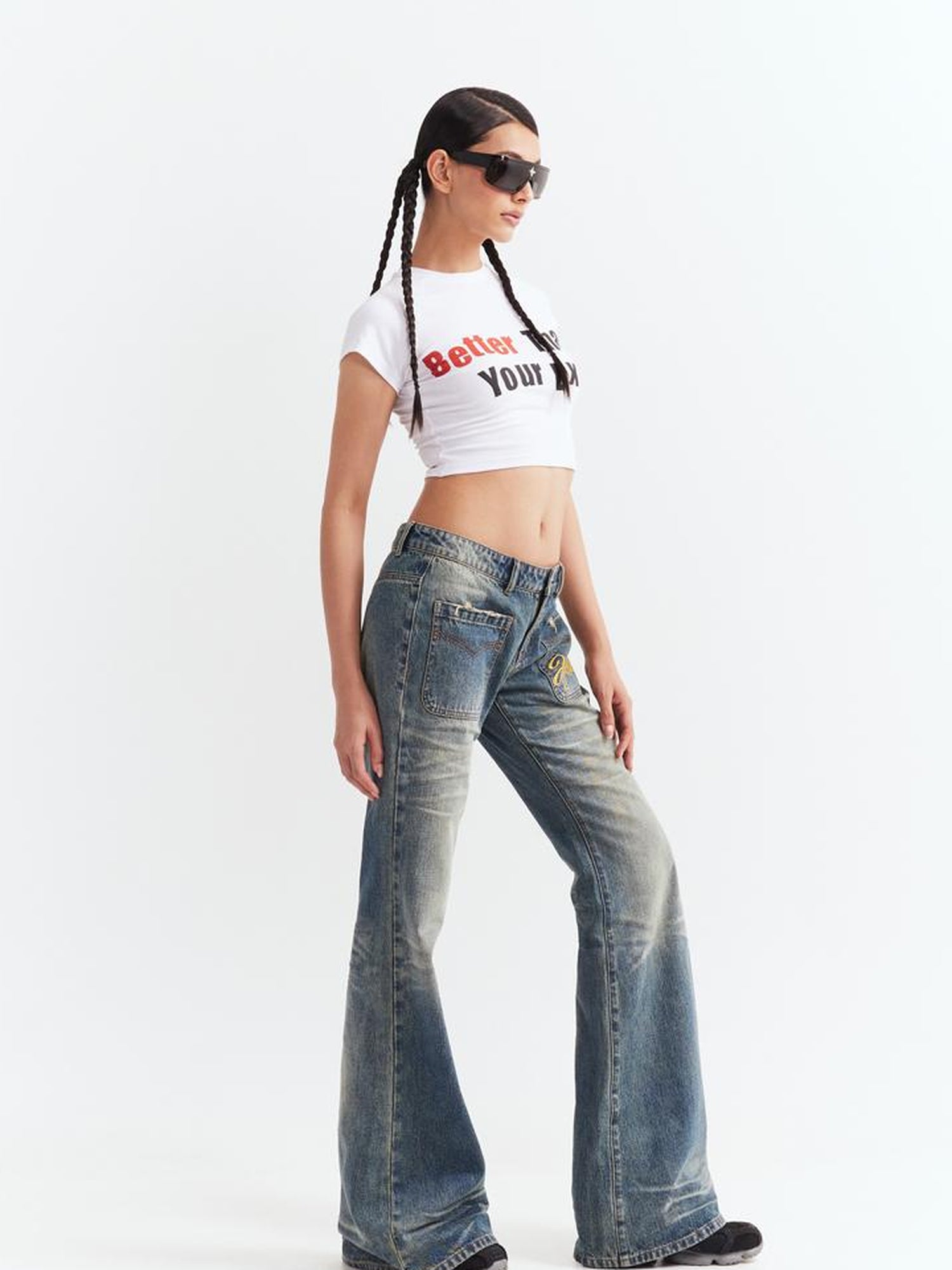 JYOSEI Low Waist Flared Jeans Vintage Washed Wide Leg Trousers