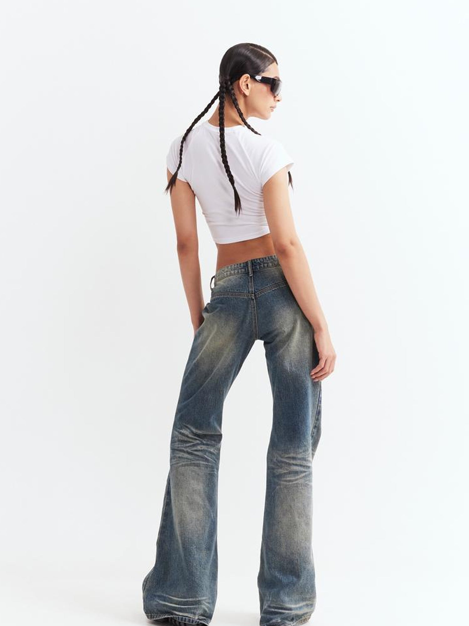 JYOSEI Low Waist Flared Jeans Vintage Washed Wide Leg Trousers