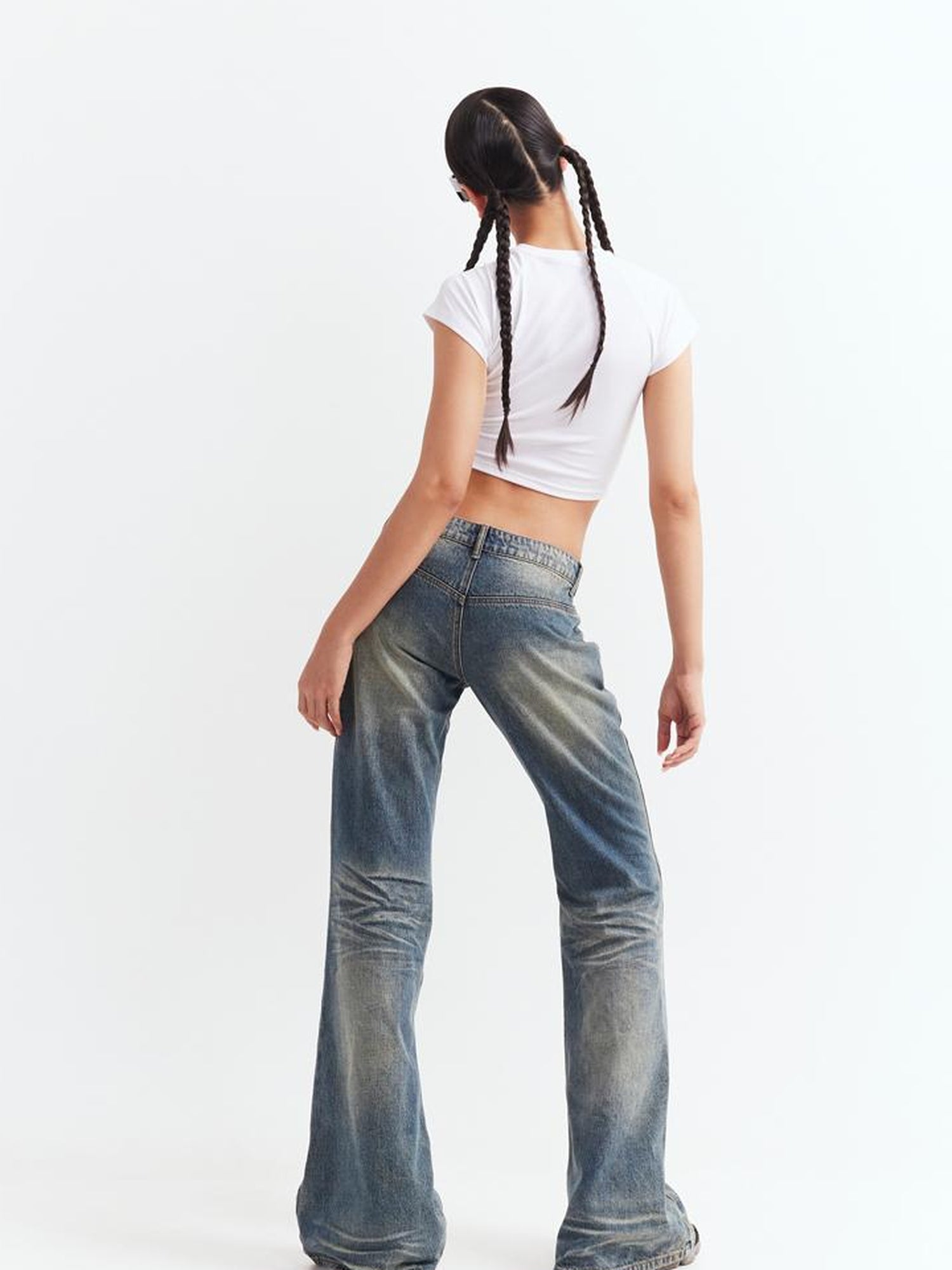 JYOSEI Low Waist Flared Jeans Vintage Washed Wide Leg Trousers