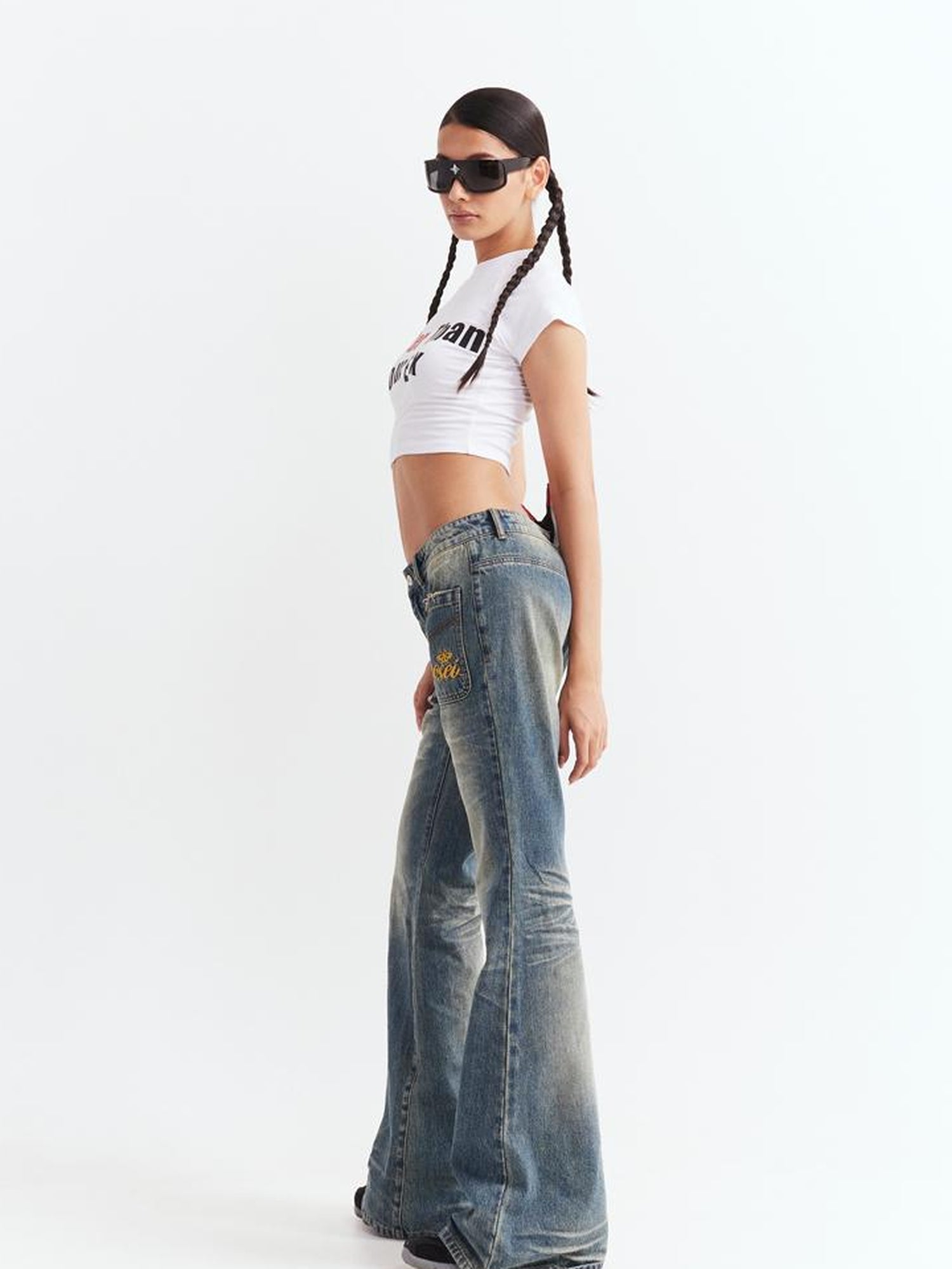 JYOSEI Low Waist Flared Jeans Vintage Washed Wide Leg Trousers