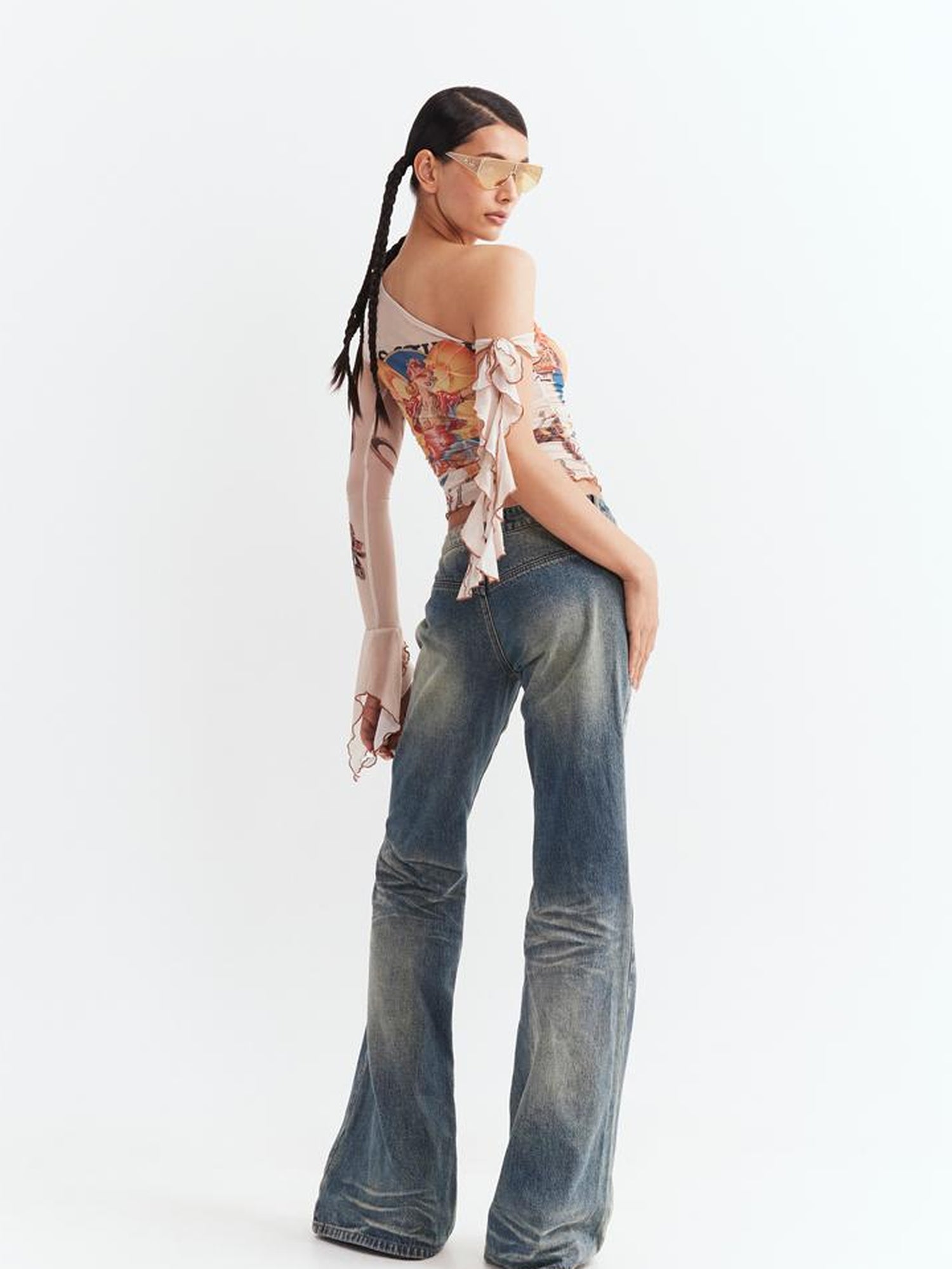 JYOSEI Low Waist Flared Jeans Vintage Washed Wide Leg Trousers