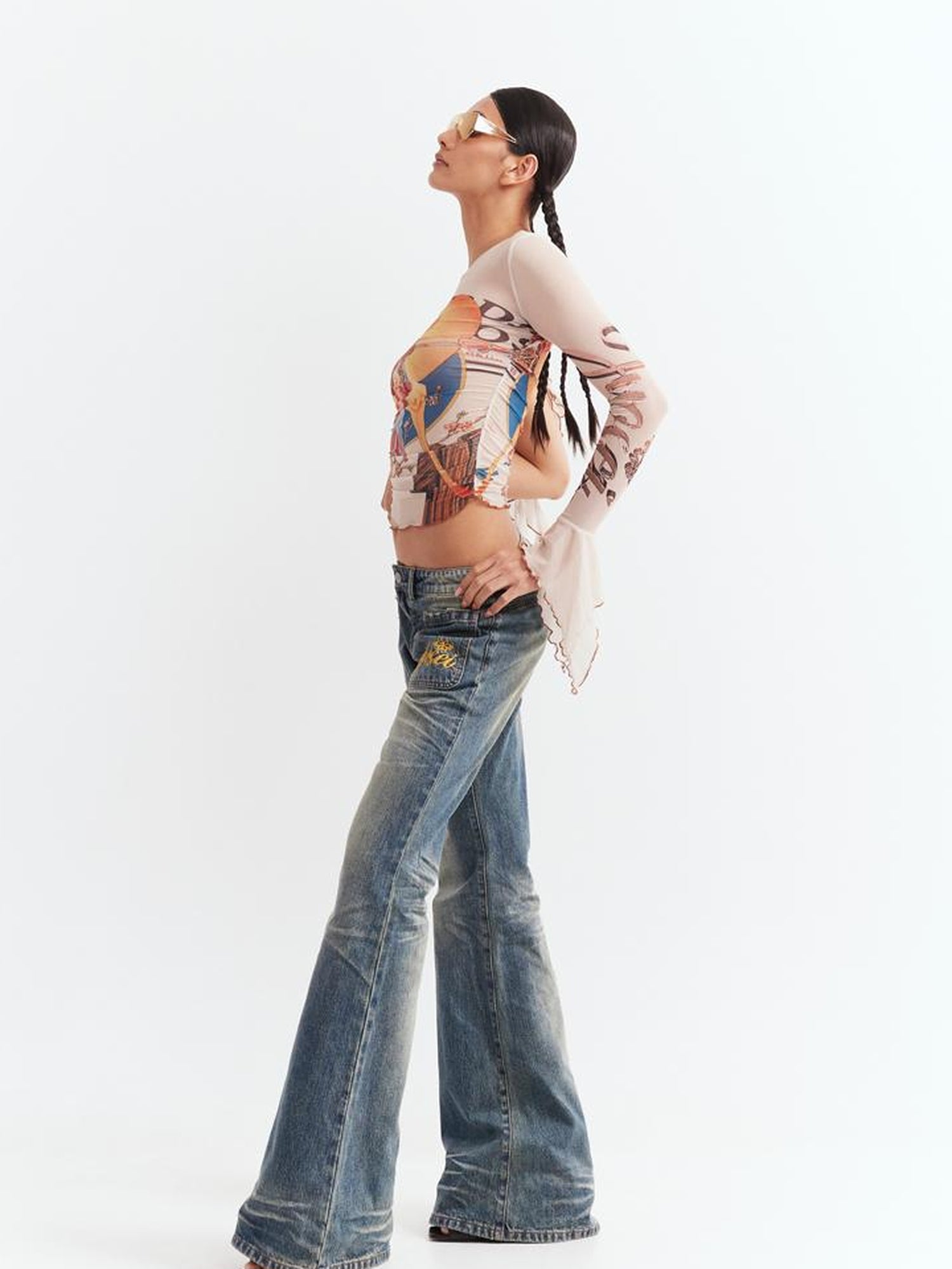 JYOSEI Low Waist Flared Jeans Vintage Washed Wide Leg Trousers