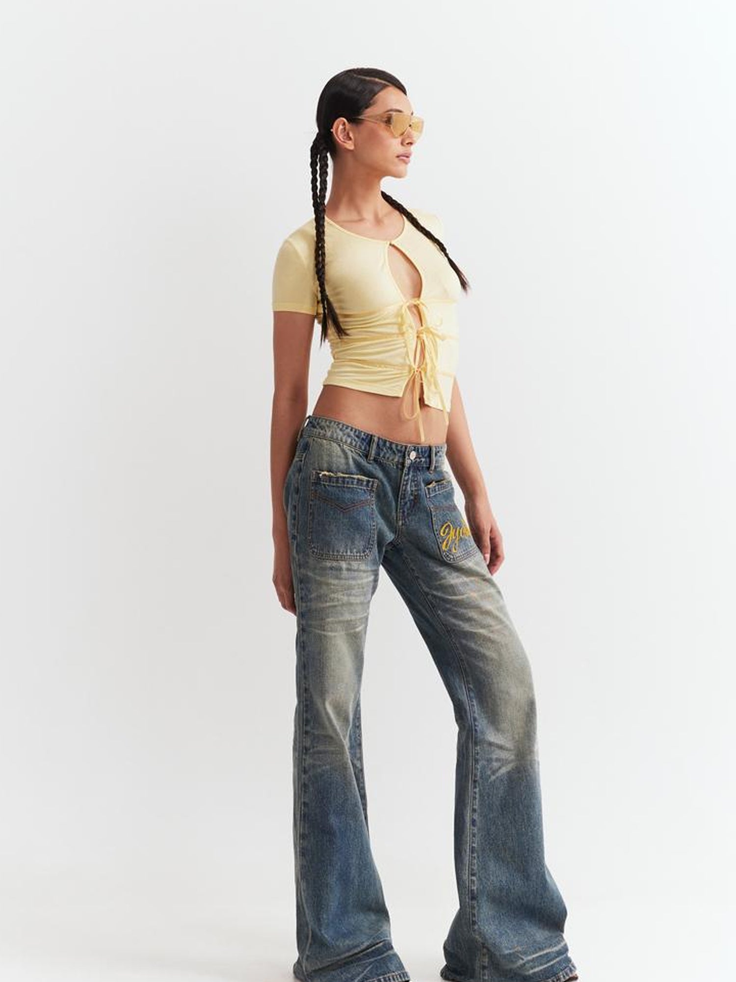 JYOSEI Low Waist Flared Jeans Vintage Washed Wide Leg Trousers