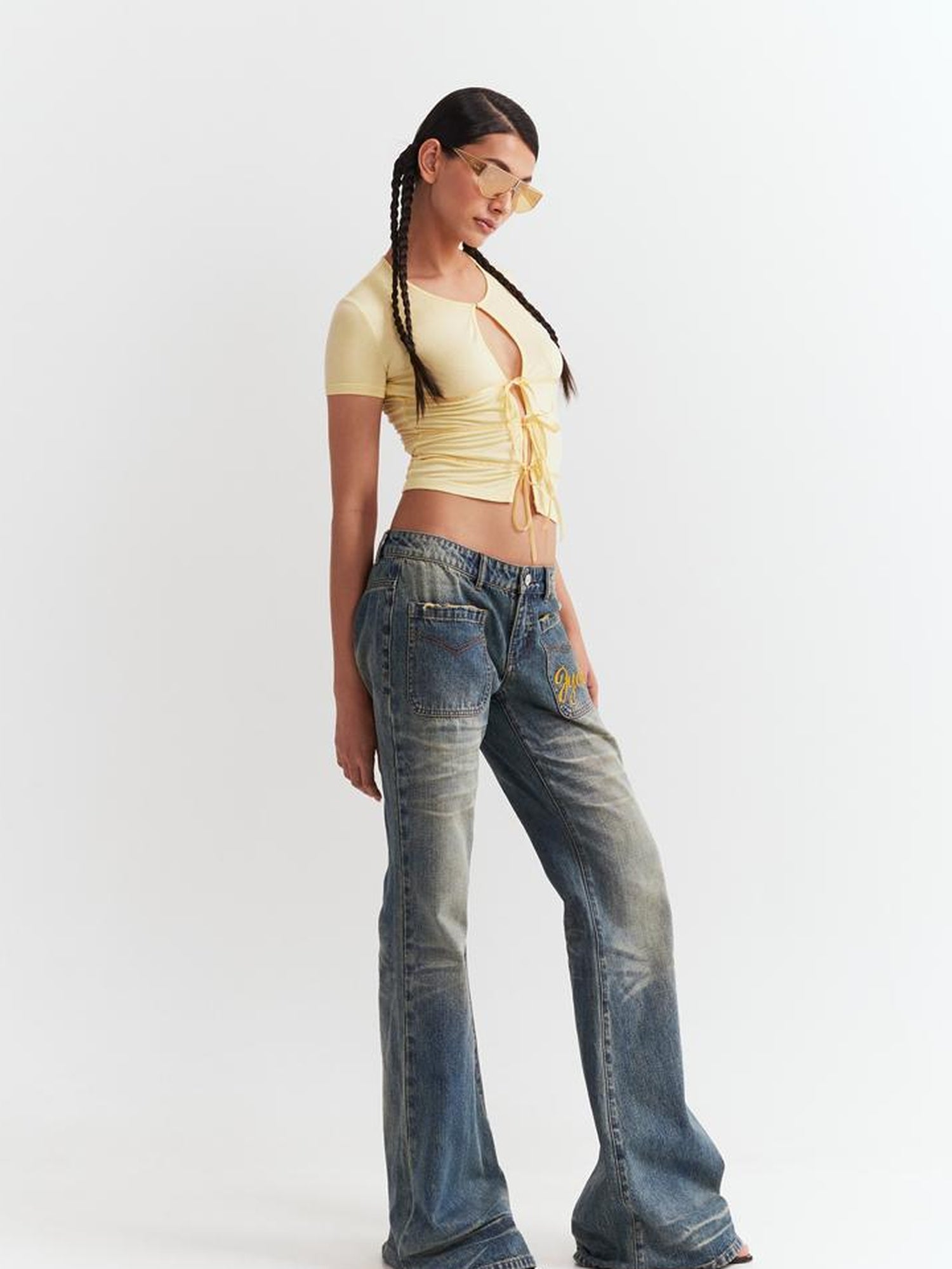 JYOSEI Low Waist Flared Jeans Vintage Washed Wide Leg Trousers