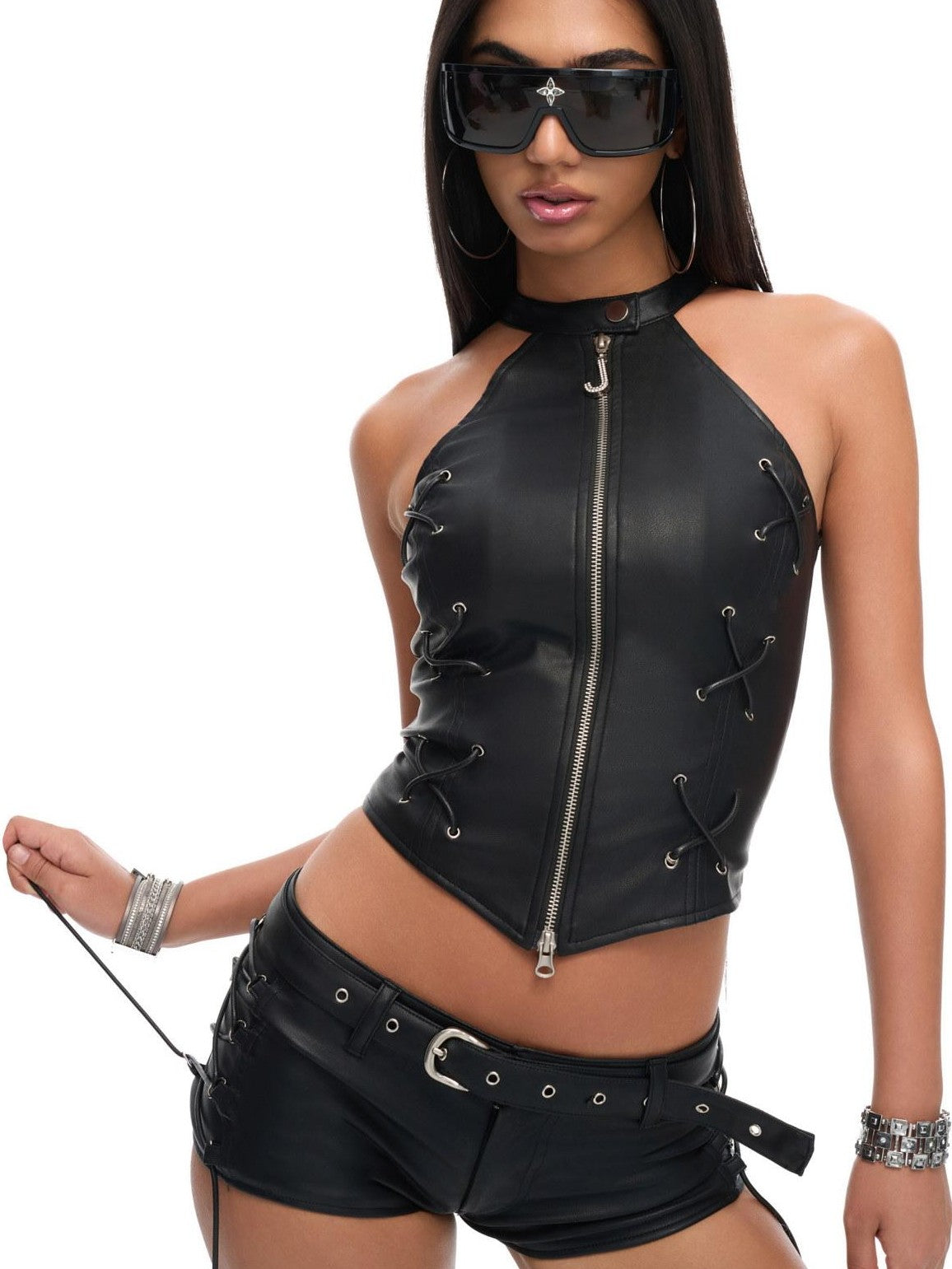 JYOSEI Matte Biker Drawstring Zip Stand Collar Slim Solid Women&
