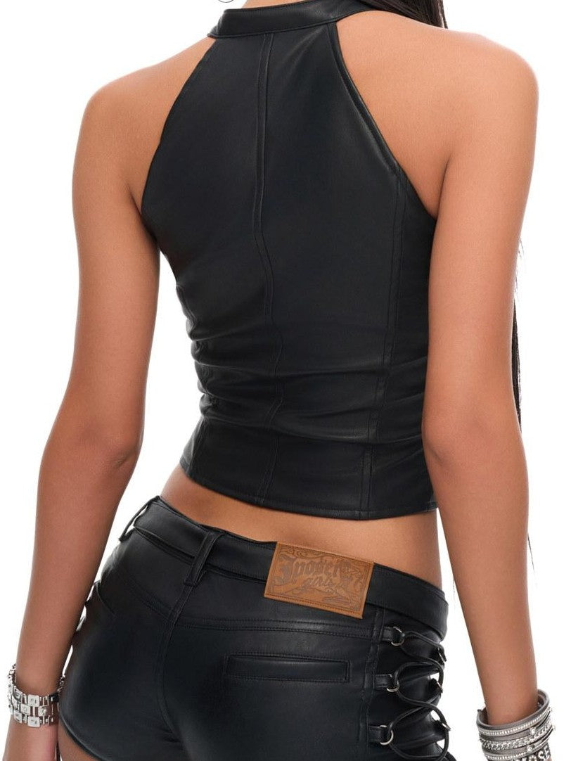 JYOSEI Matte Biker Drawstring Zip Stand Collar Slim Solid Women&