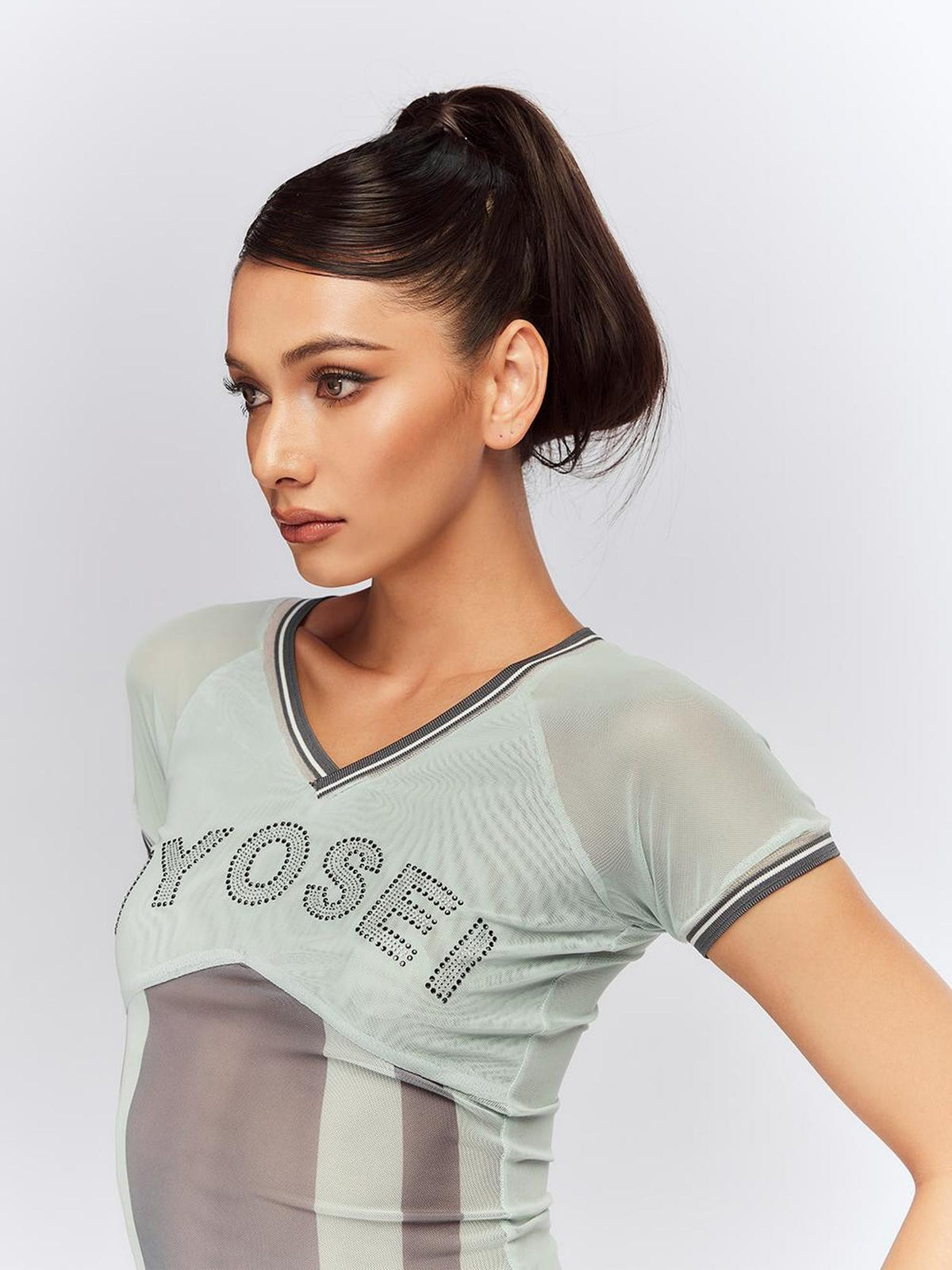 JYOSEI Mesh Panel Ribbed Rhinestone V-neck Slim Fit Women&